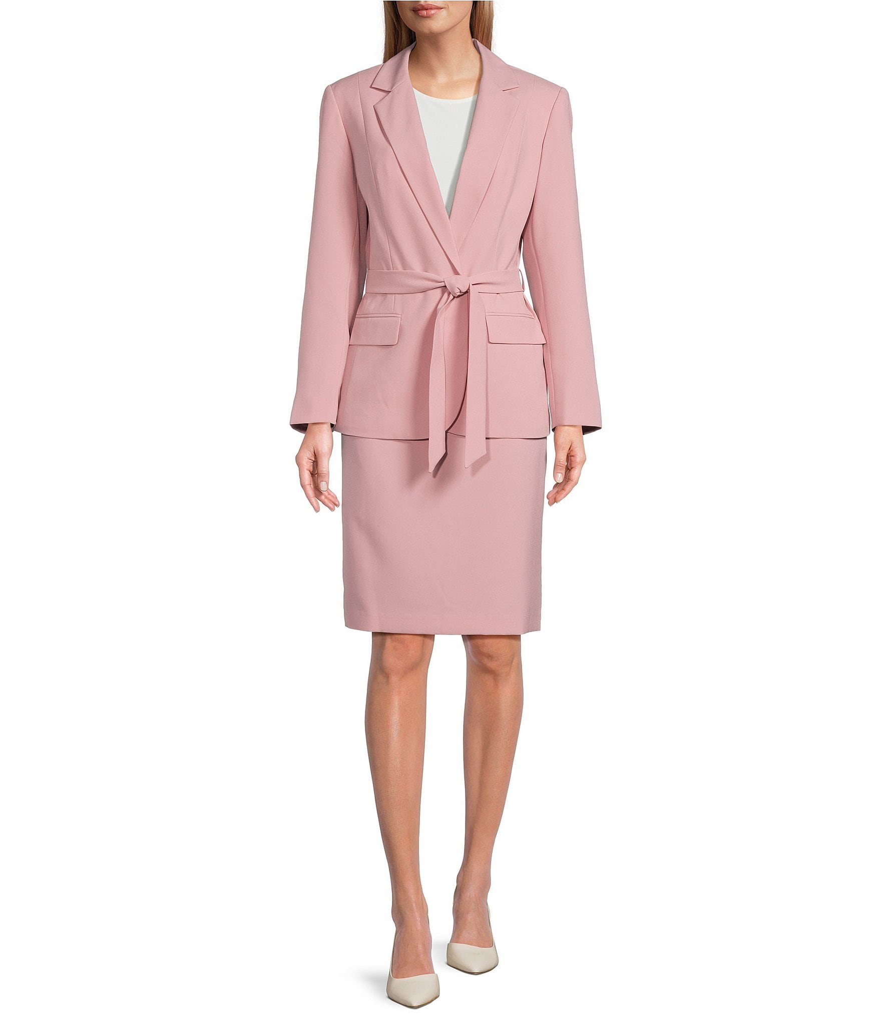 John Meyer Solid Crepe Notch Lapel Flap Pocket Belted Jacket & Pencil ...