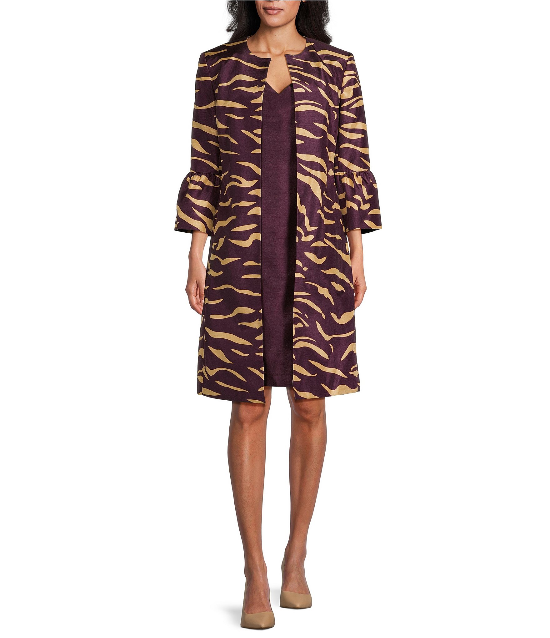 John Meyer Tiger Coat Printed Shantung Collarless Bell Sleeve 2-Piece ...