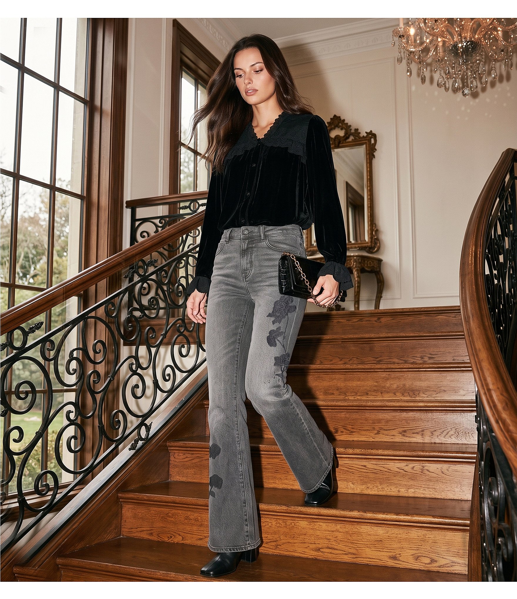 JOHNNY WAS Embroidered Side Flare Leg High Waisted Stretch Denim Jeans