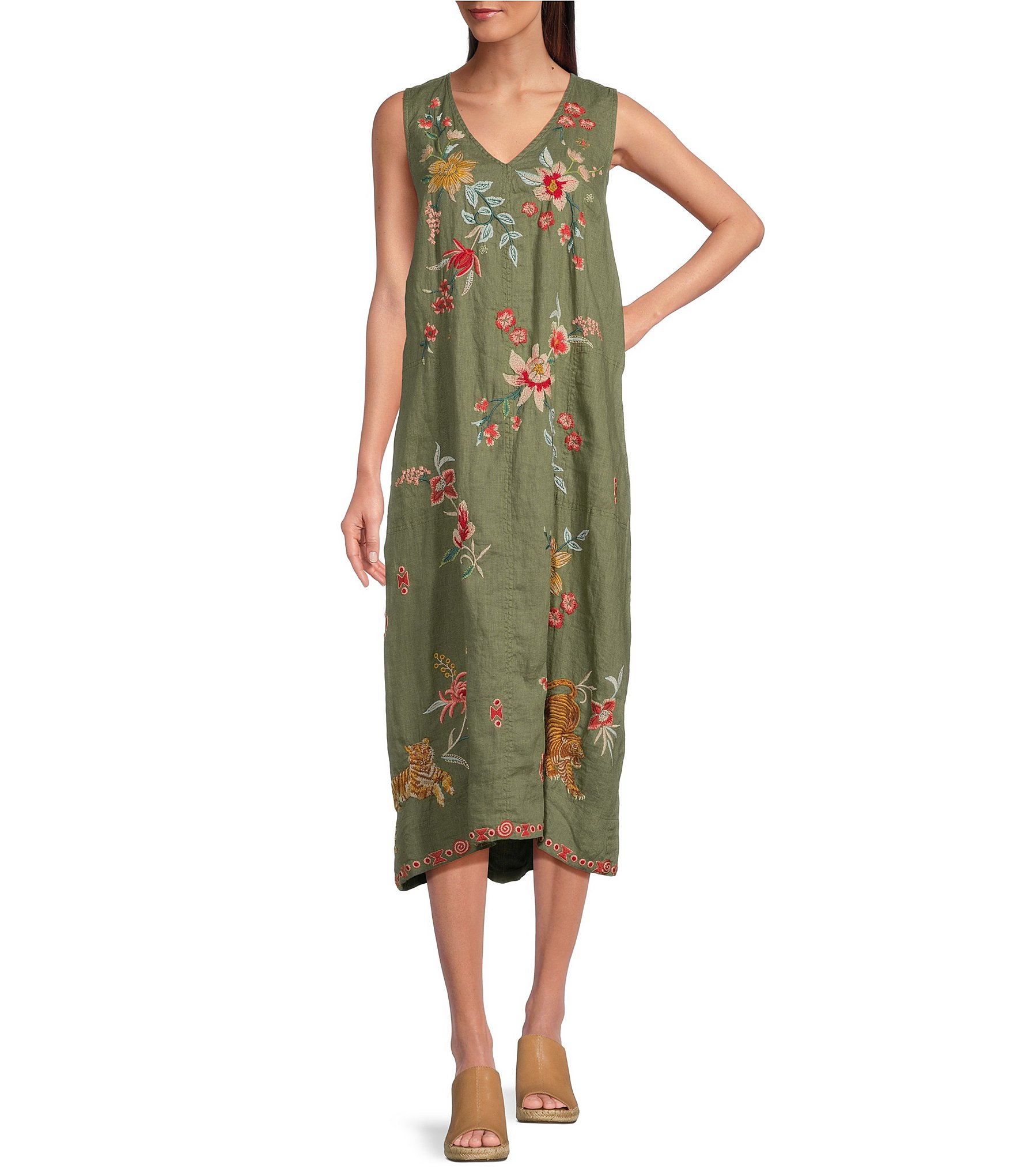 JOHNNY WAS Andrean Embroidered Floral Tiger Motif Linen V Neck Sleeveless Coordinating Midi Shift Dress Dillard s