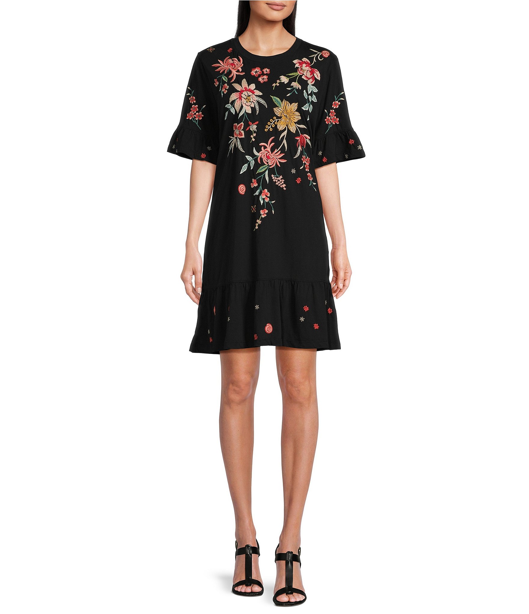 JOHNNY WAS Andrean Placement Floral Embroidery Knit Jersey Round Neck ...