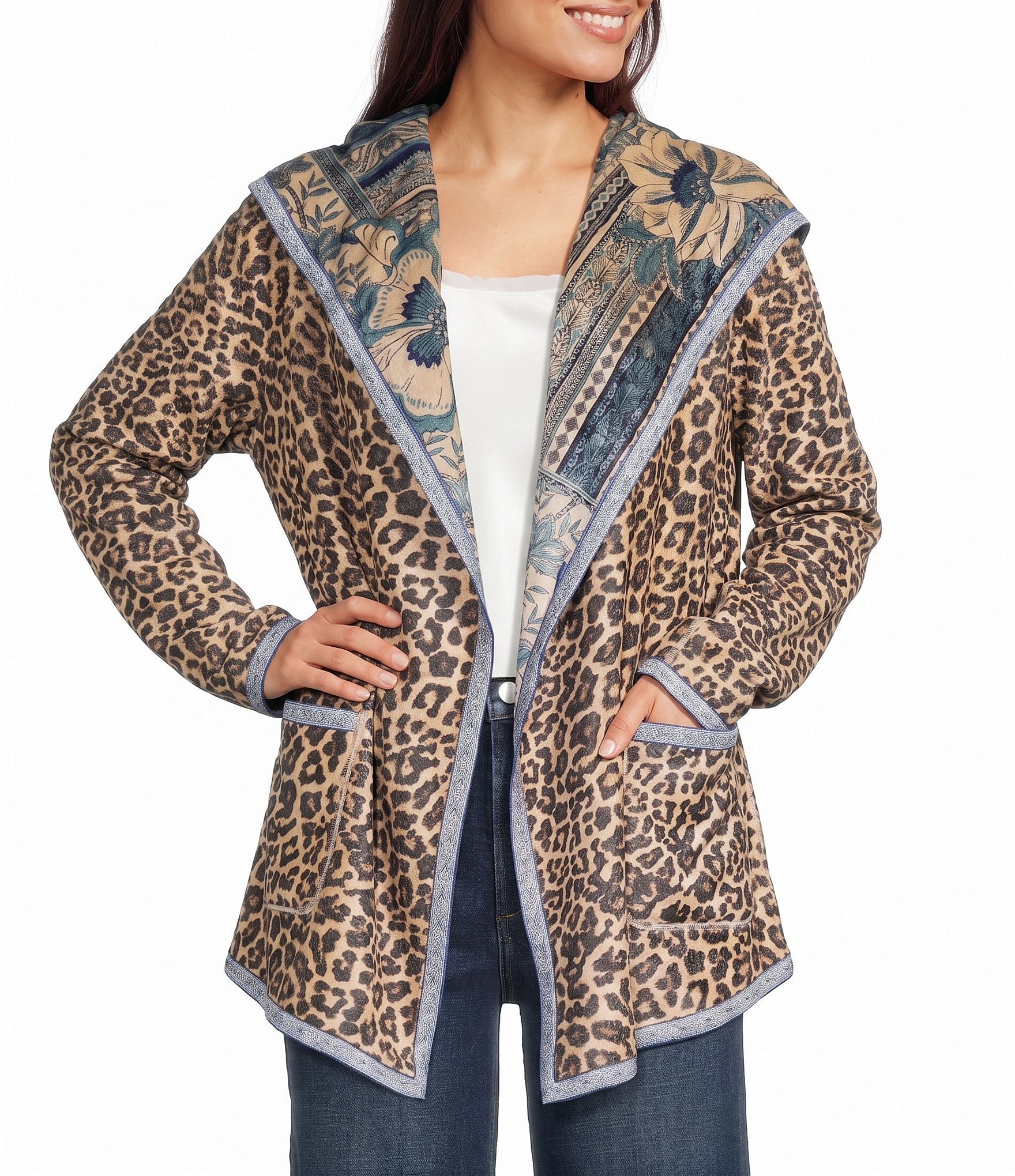 JOHNNY WAS Athene Joan Sherpa Knit Reversible Bold Print Open-Front Hooded Jacket