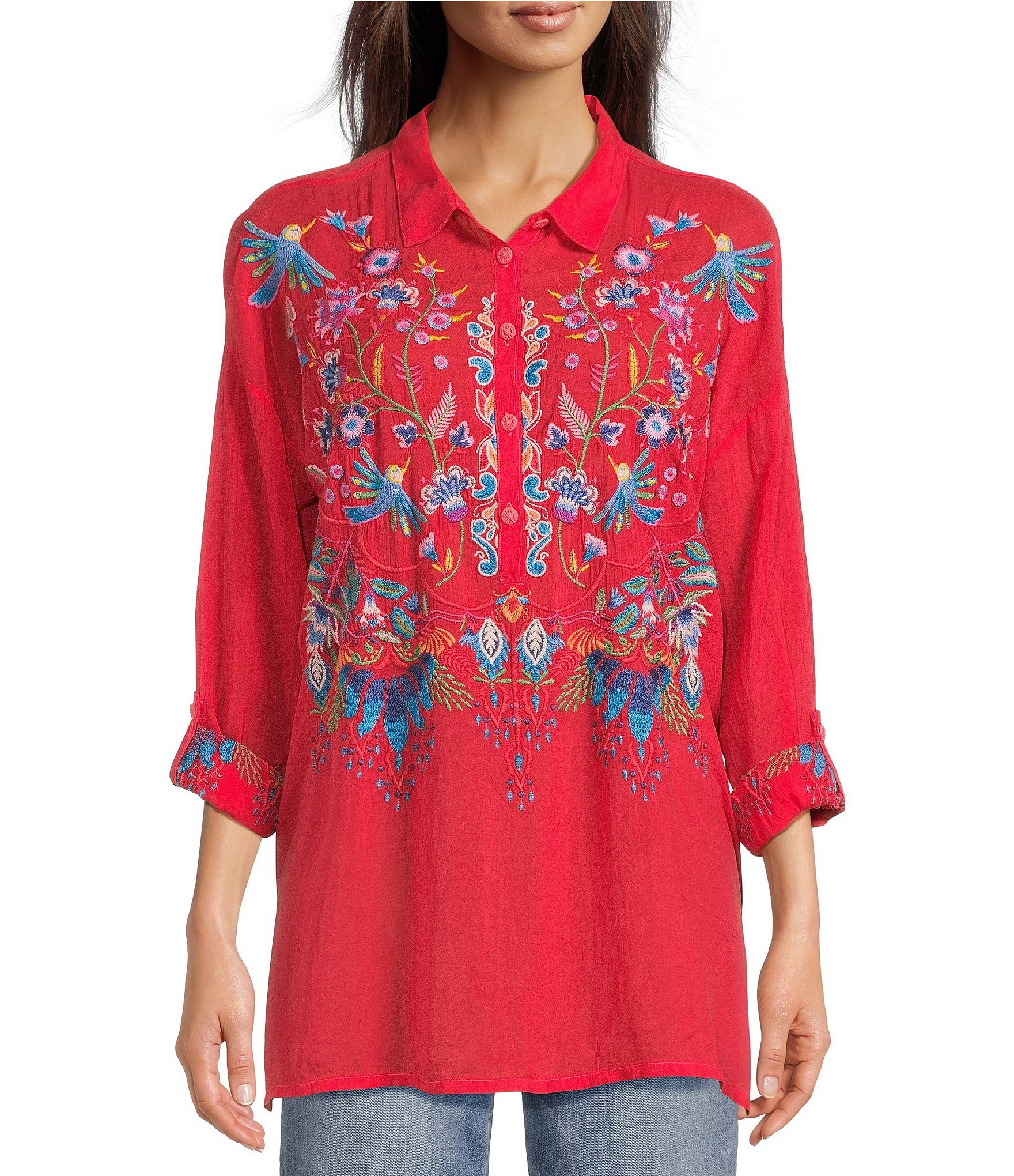 JOHNNY WAS Audrey Embroidered Placement Floral Point Collar Roll-Tab Long Sleeve Five-Button Half-Placket Tunic