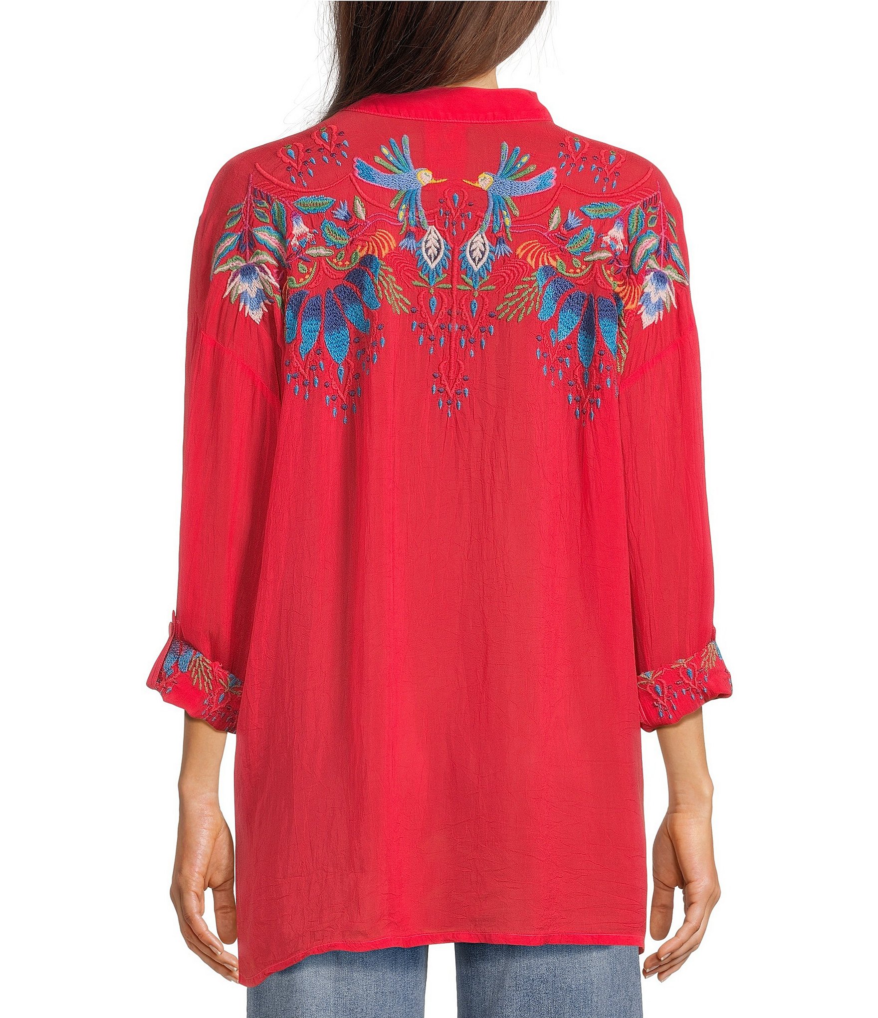 JOHNNY WAS Audrey Embroidered Placement Floral Point Collar Roll-Tab Long Sleeve Five-Button Half-Placket Tunic