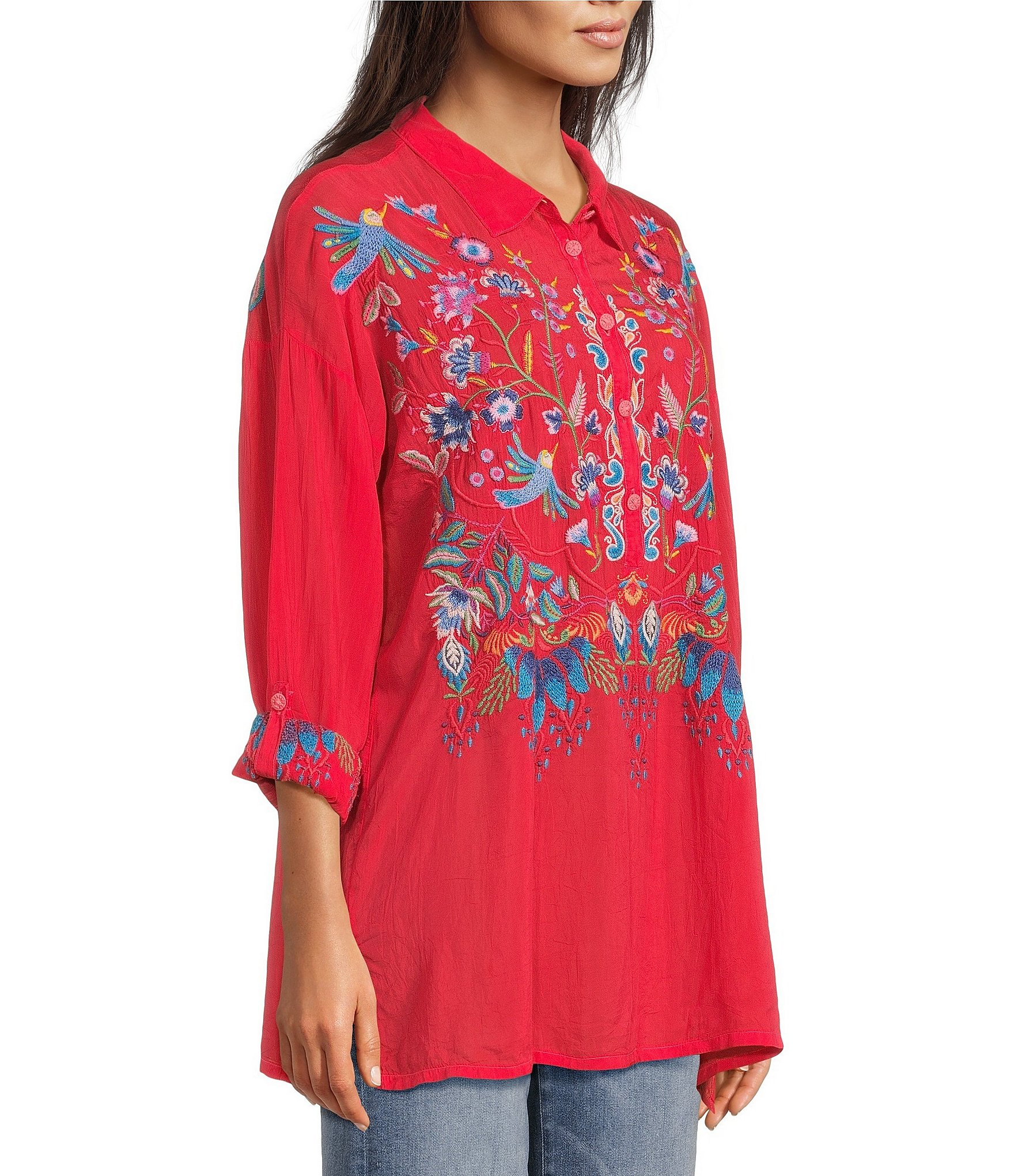 JOHNNY WAS Audrey Embroidered Placement Floral Point Collar Roll-Tab Long Sleeve Five-Button Half-Placket Tunic