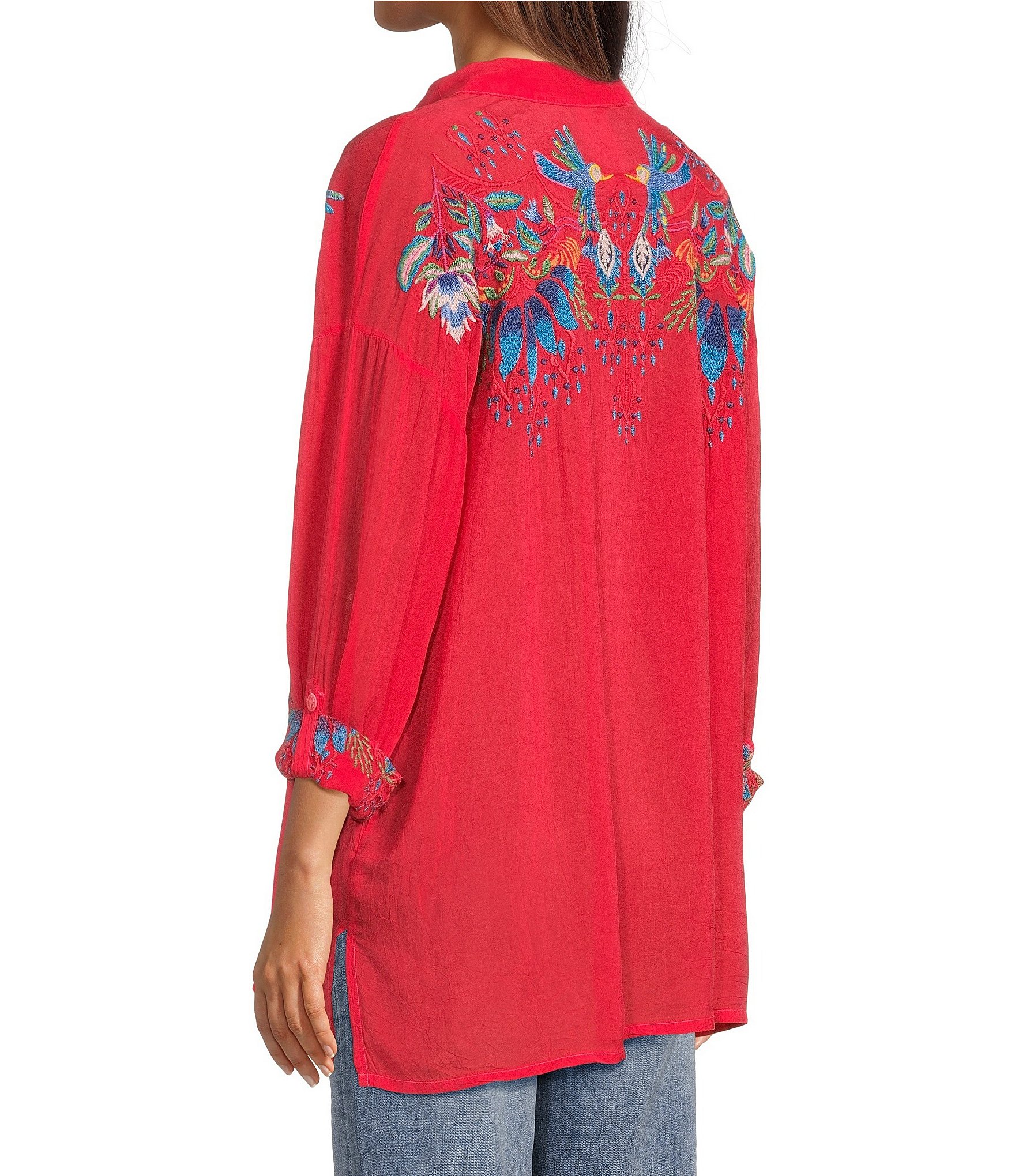 JOHNNY WAS Audrey Embroidered Placement Floral Point Collar Roll-Tab Long Sleeve Five-Button Half-Placket Tunic