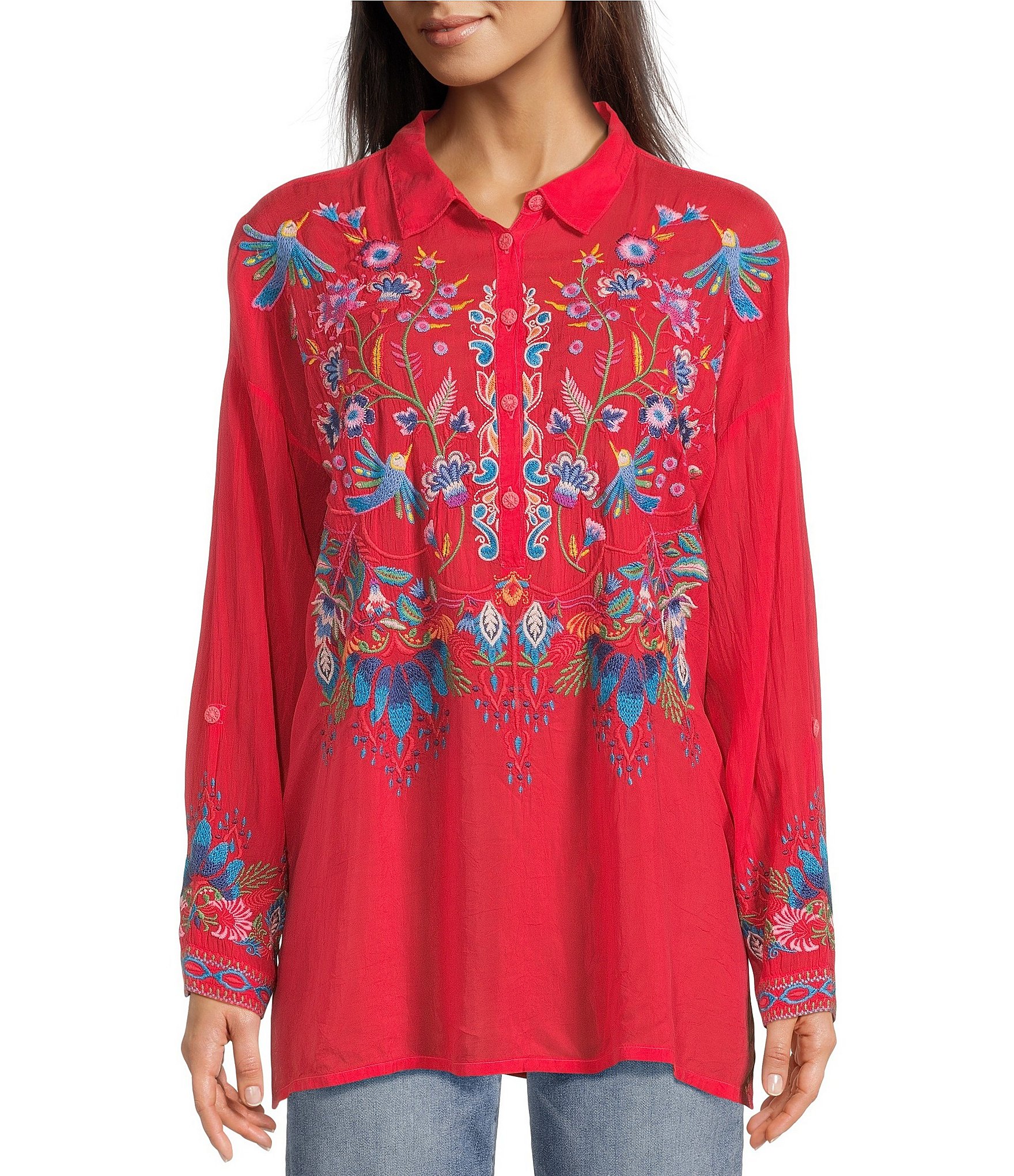 JOHNNY WAS Audrey Embroidered Placement Floral Point Collar Roll-Tab Long Sleeve Five-Button Half-Placket Tunic