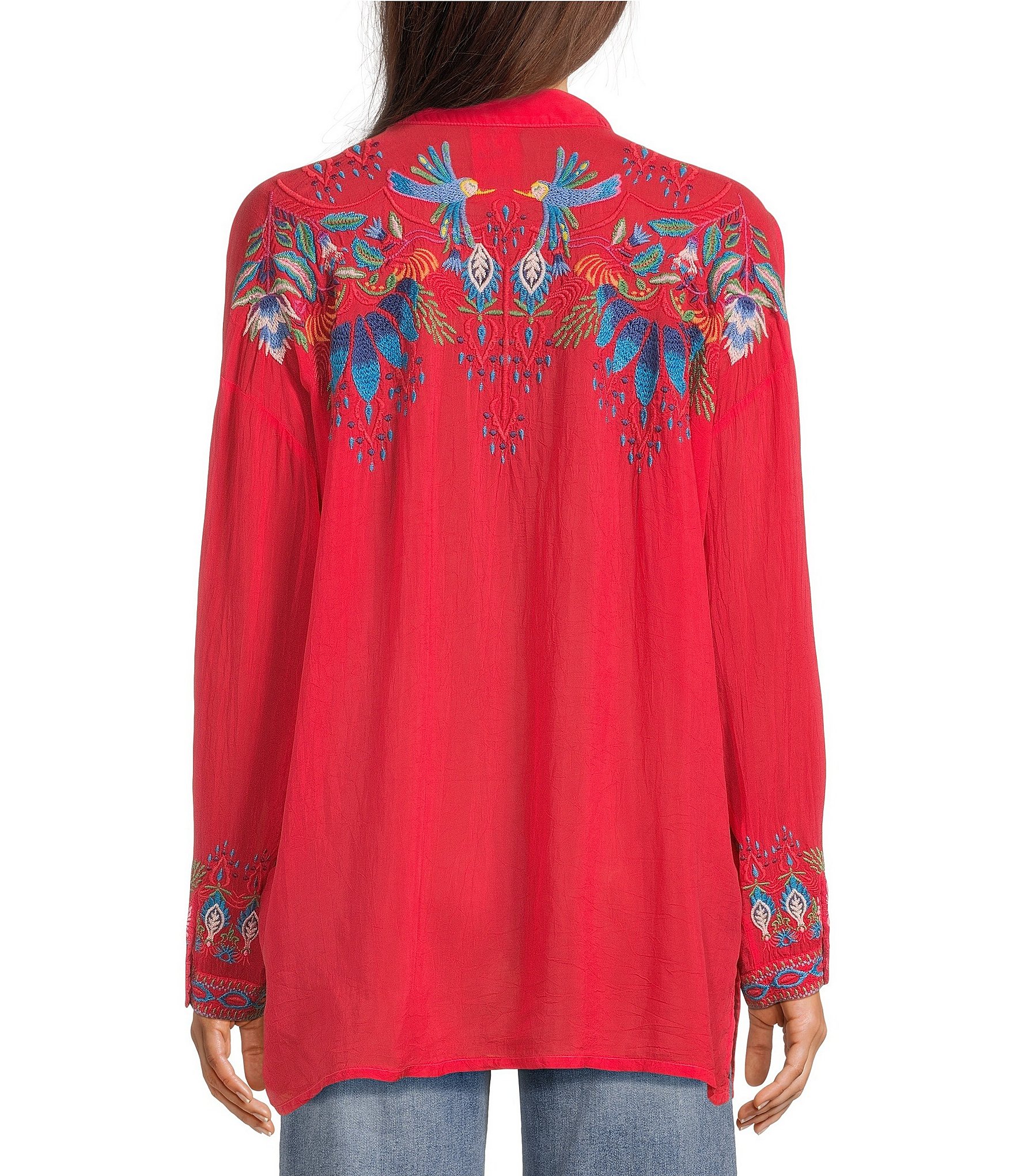 JOHNNY WAS Audrey Embroidered Placement Floral Point Collar Roll-Tab Long Sleeve Five-Button Half-Placket Tunic