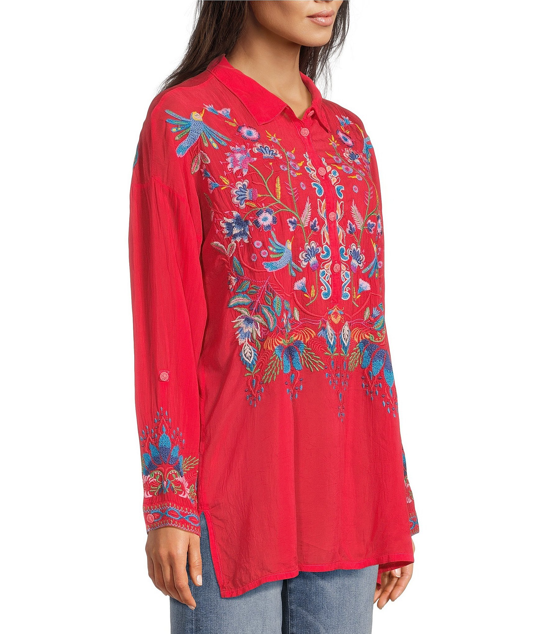 JOHNNY WAS Audrey Embroidered Placement Floral Point Collar Roll-Tab Long Sleeve Five-Button Half-Placket Tunic