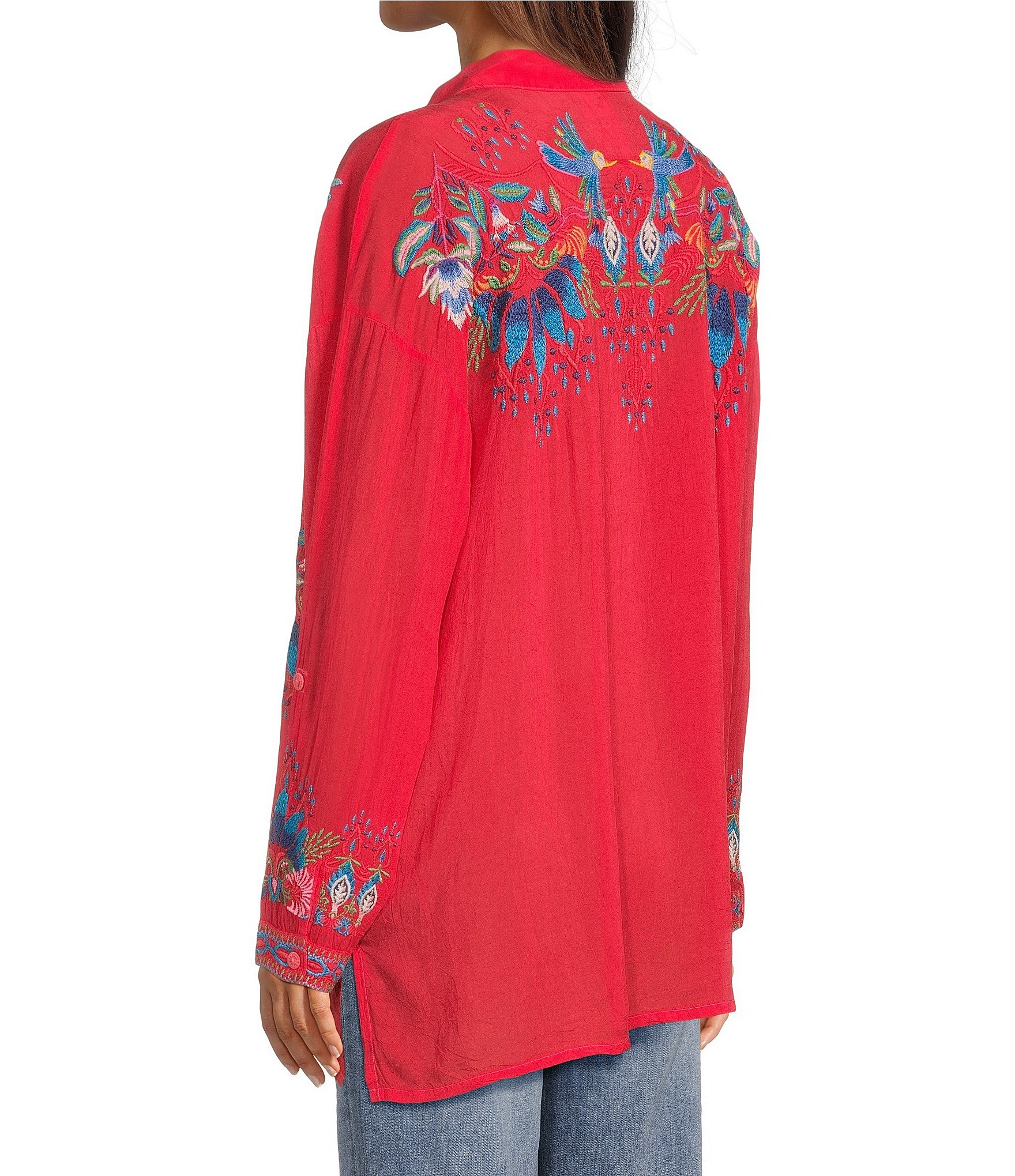 JOHNNY WAS Audrey Embroidered Placement Floral Point Collar Roll-Tab Long Sleeve Five-Button Half-Placket Tunic