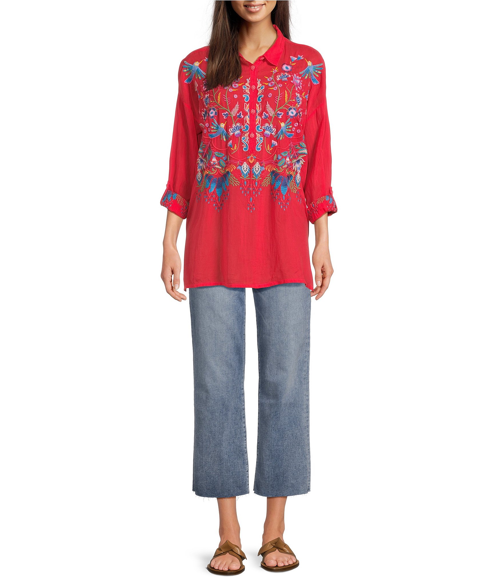 JOHNNY WAS Audrey Embroidered Placement Floral Point Collar Roll-Tab Long Sleeve Five-Button Half-Placket Tunic