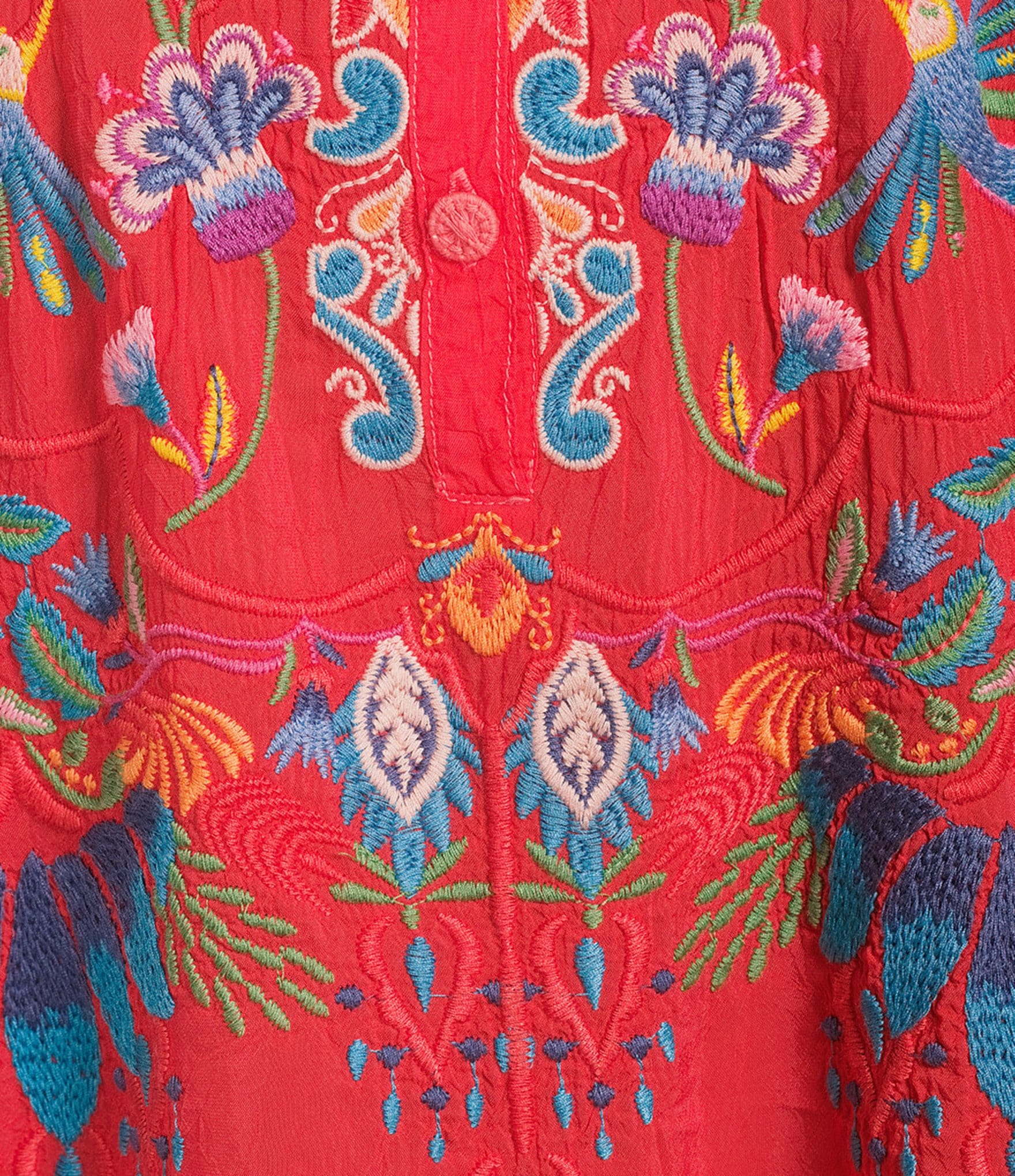 JOHNNY WAS Audrey Embroidered Placement Floral Point Collar Roll-Tab Long Sleeve Five-Button Half-Placket Tunic