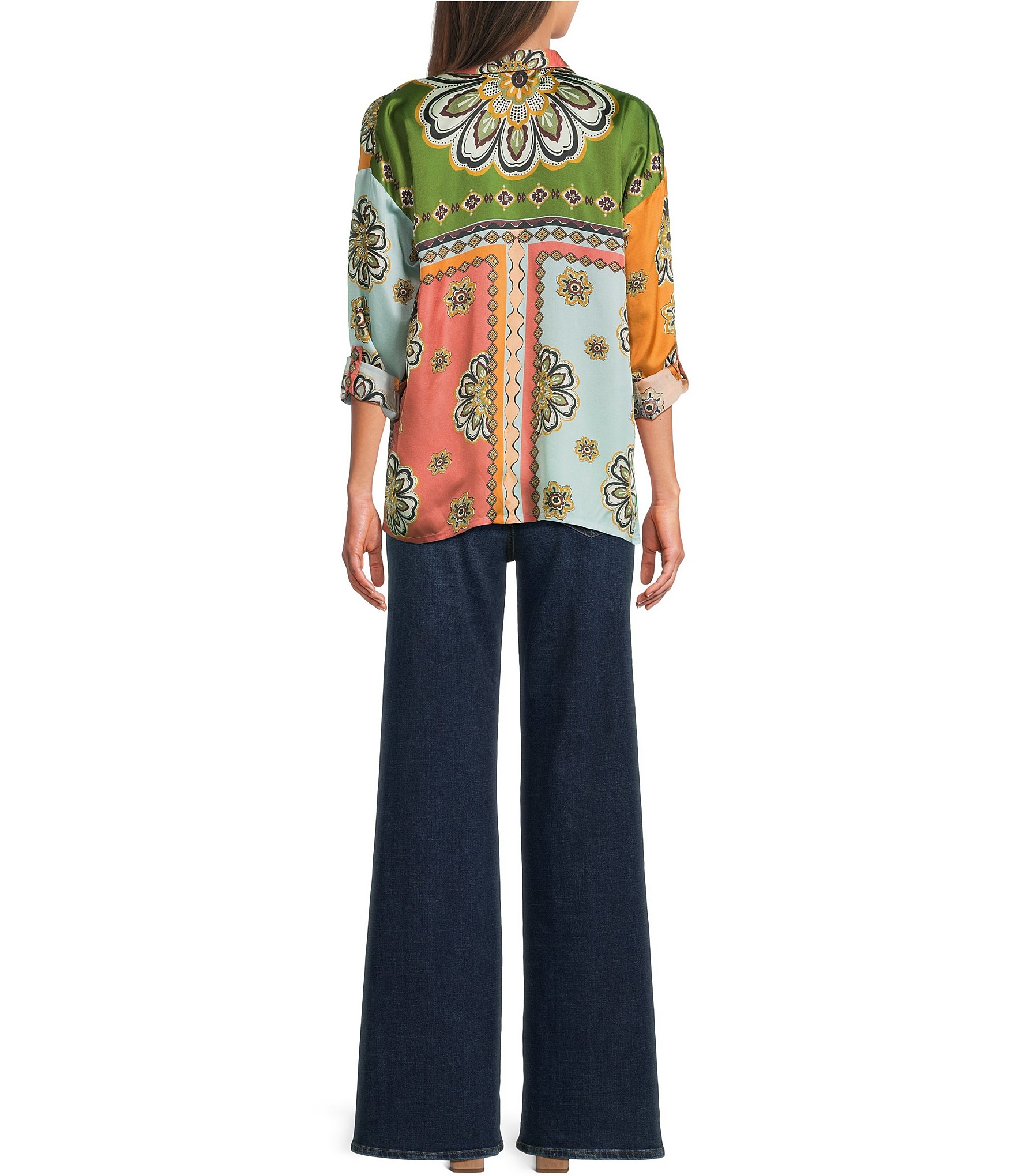 JOHNNY WAS Audrey Patch Print Point Collar Long Sleeve Hidden Placket Button-Front Shirt