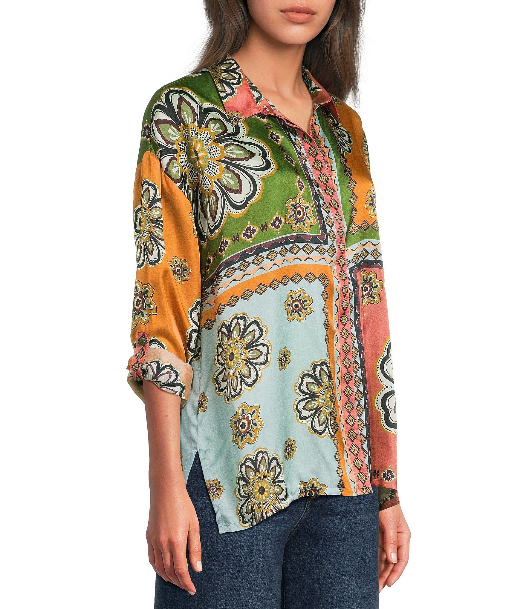 JOHNNY WAS Audrey Patch Print Point Collar Long Sleeve Hidden Placket Button-Front Shirt