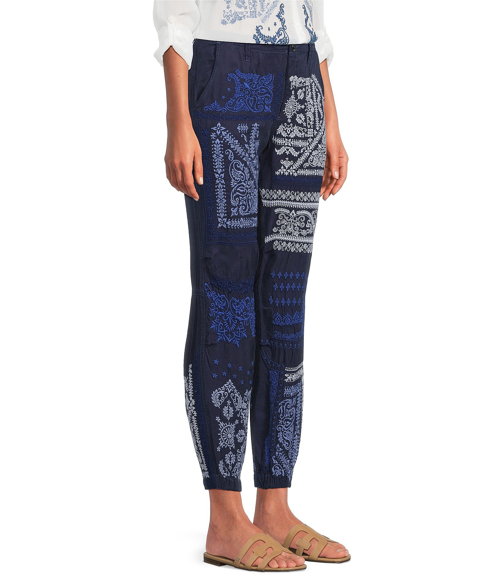 JOHNNY WAS Bandana Pattern Embroidered Jogger Crop Pants