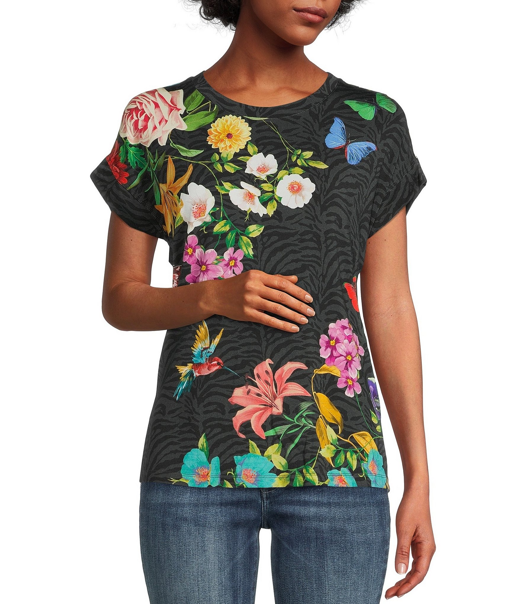JOHNNY WAS Blooming Breeze Floral Print Crew Neck Short Sleeve 