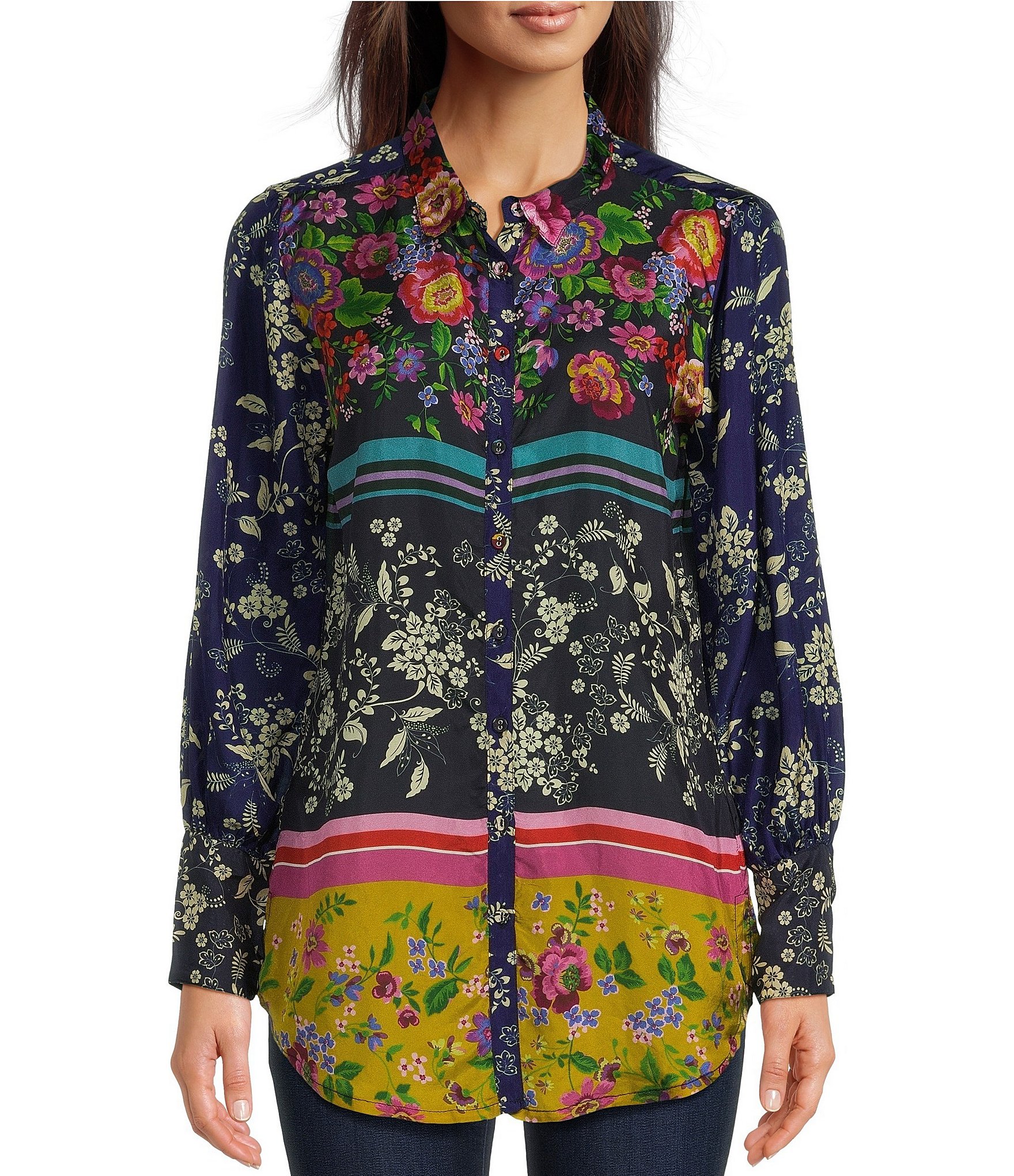 JOHNNY WAS Cantero Yrene Blocked Floral Silk Print Point Collar Long Sleeve  Button-Front Blouse | Dillard's