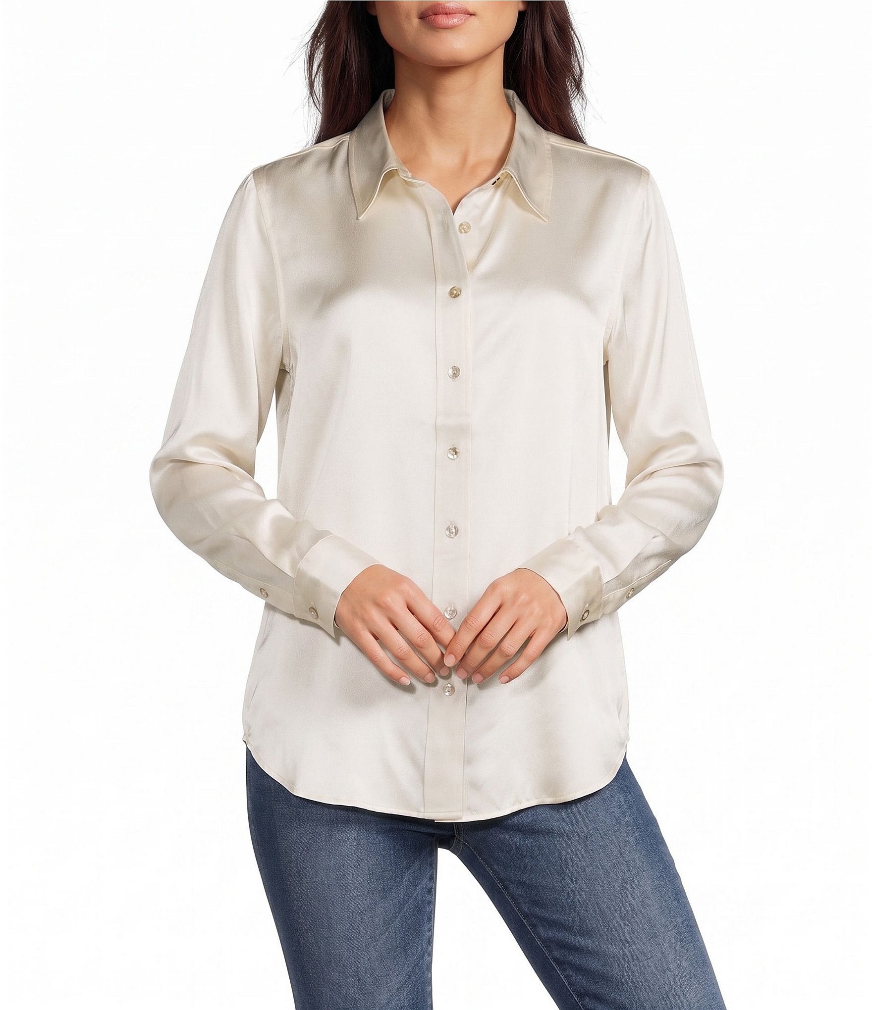 JOHNNY WAS Charmeuse Silky Point Collar Long Sleeve Button-Front Shirt