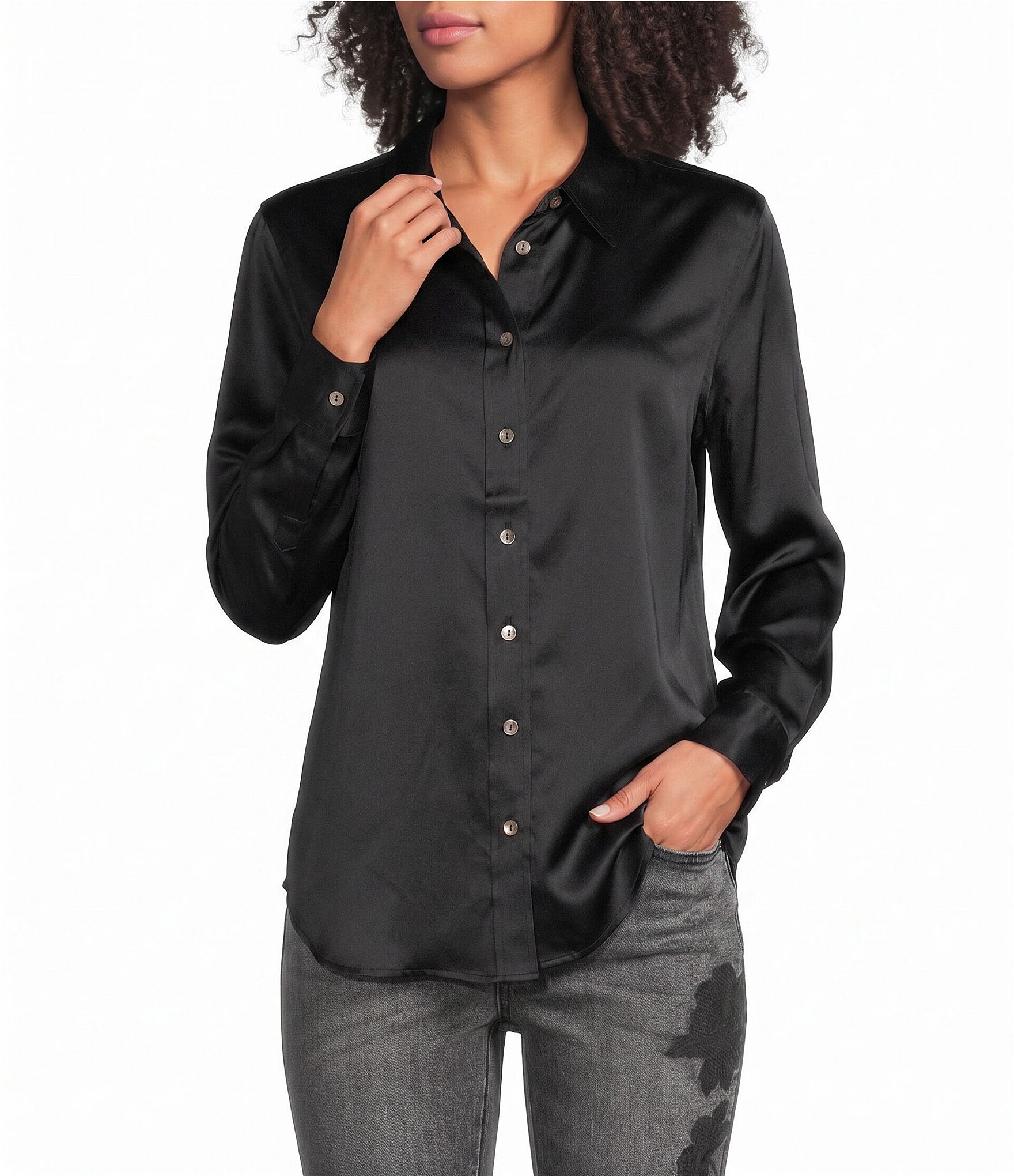 JOHNNY WAS Charmeuse Silky Point Collar Long Sleeve Button-Front Shirt