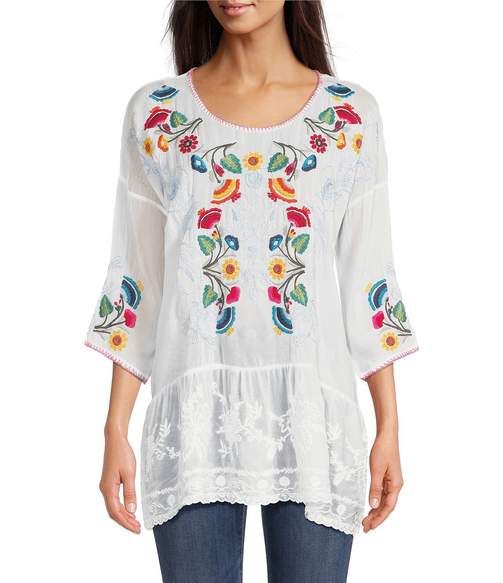 JOHNNY WAS Cherie Floral Embroidery Crew Neck 3/4 Sleeve Sheer Tunic ...