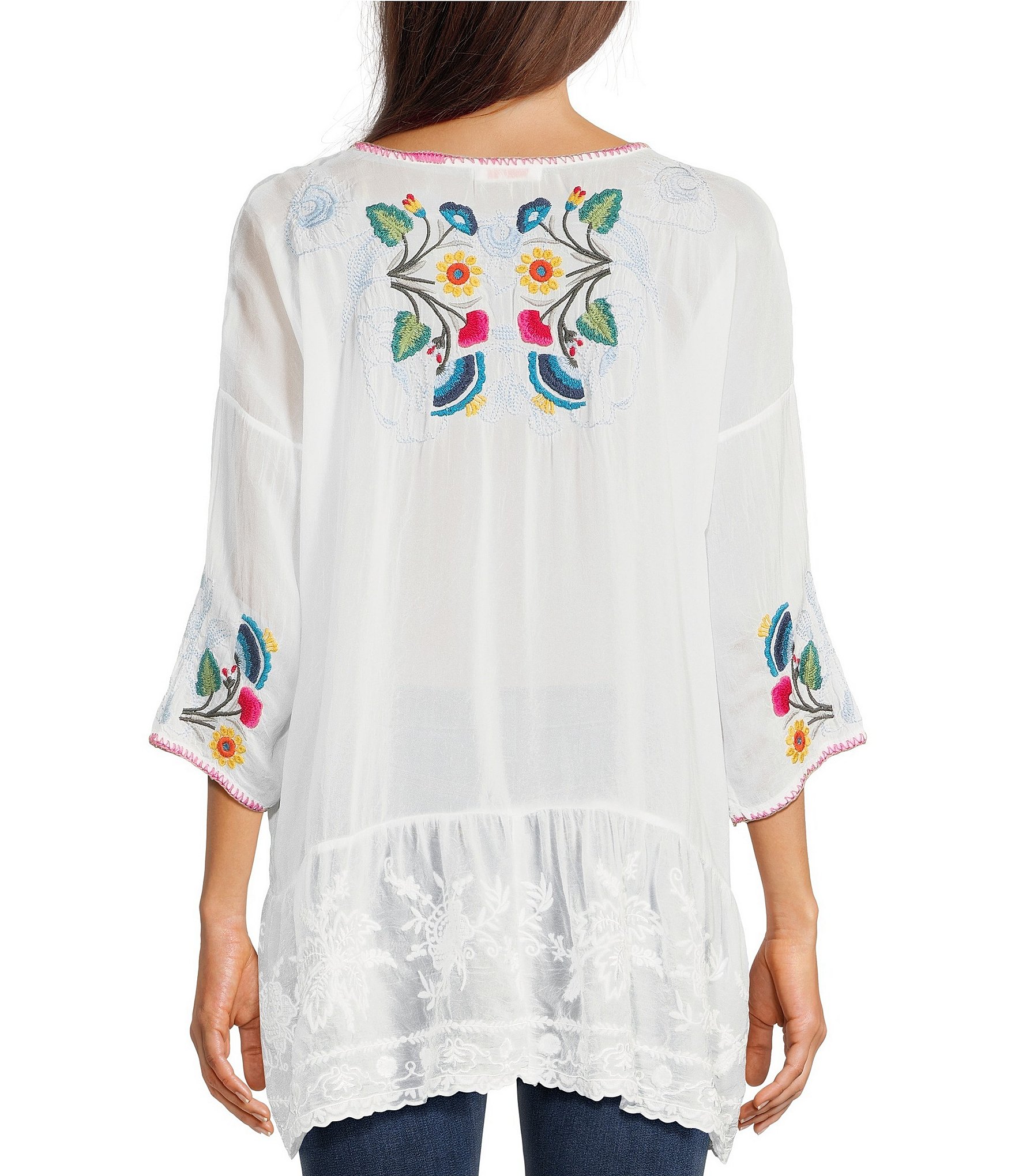 JOHNNY WAS Cherie Floral Embroidery Crew Neck 3/4 Sleeve Sheer Tunic