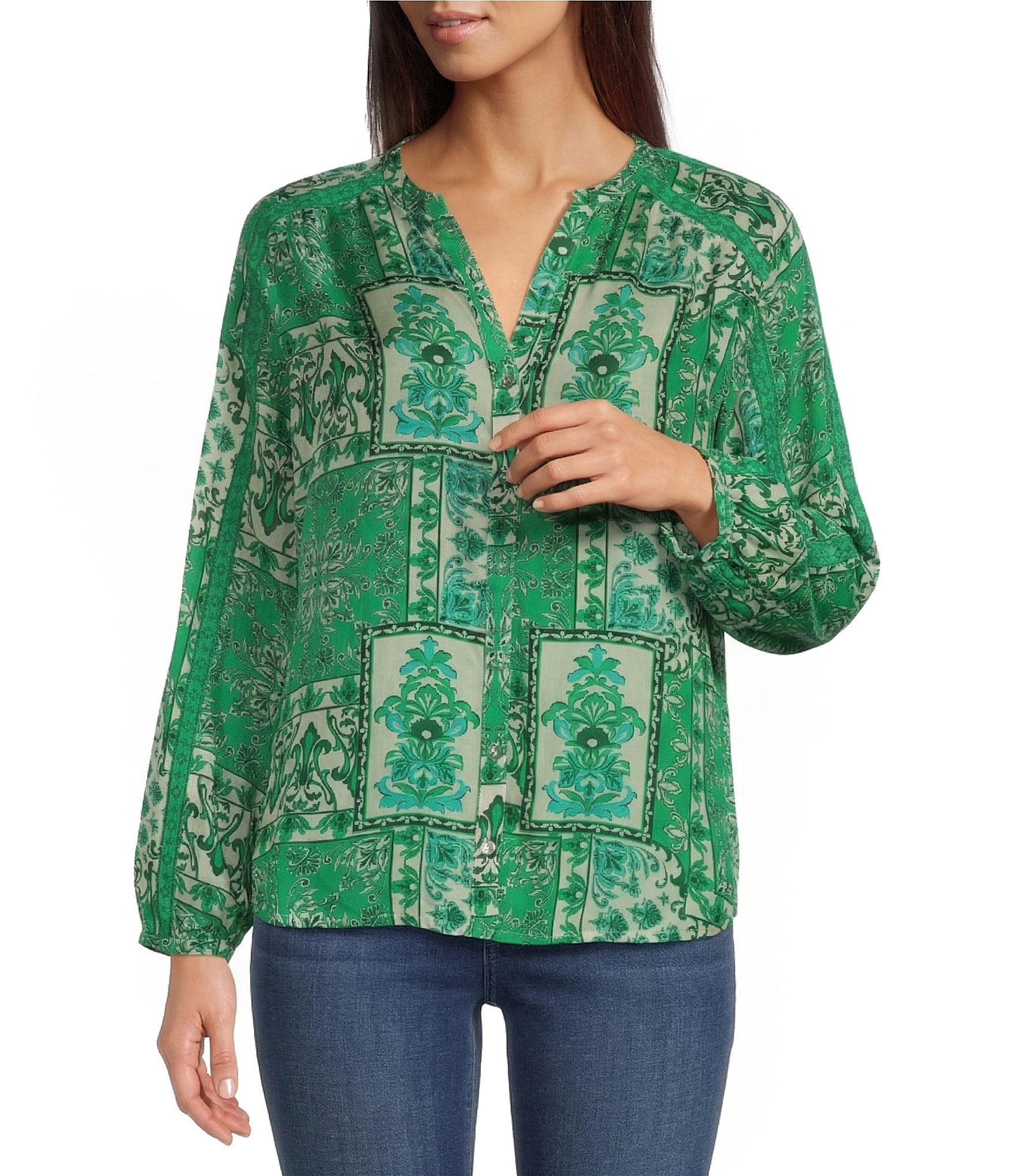 JOHNNY WAS Ellen Hollandia Print Split V-Neck Long Sleeve Button Front Blouse