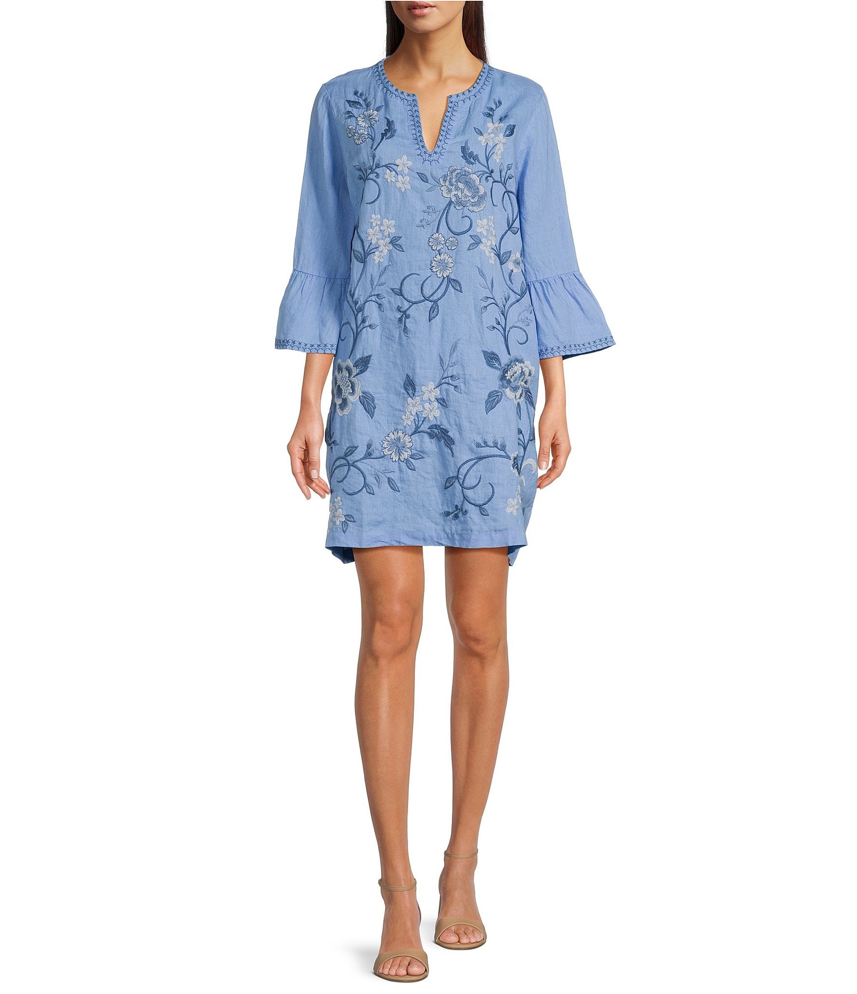 JOHNNY WAS Embroidered Linen Split V-Neck 3/4 Ruffle Sleeve Dress