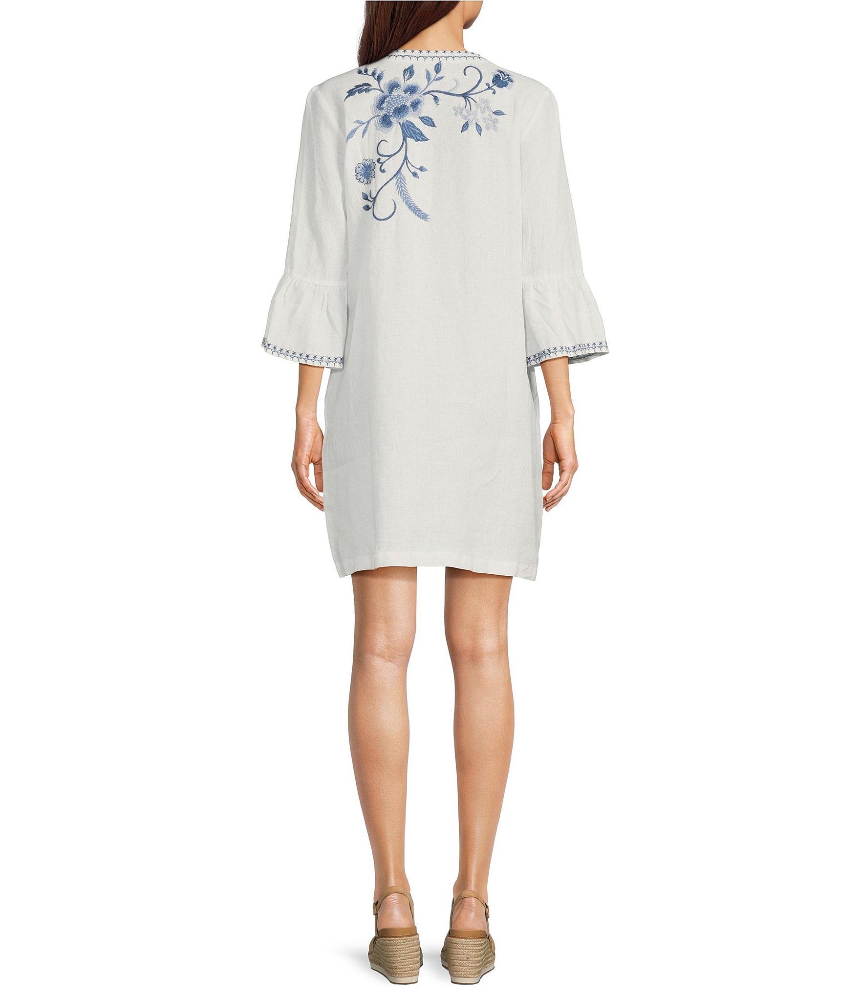 JOHNNY WAS Embroidered Linen Split V-Neck 3/4 Ruffle Sleeve Dress