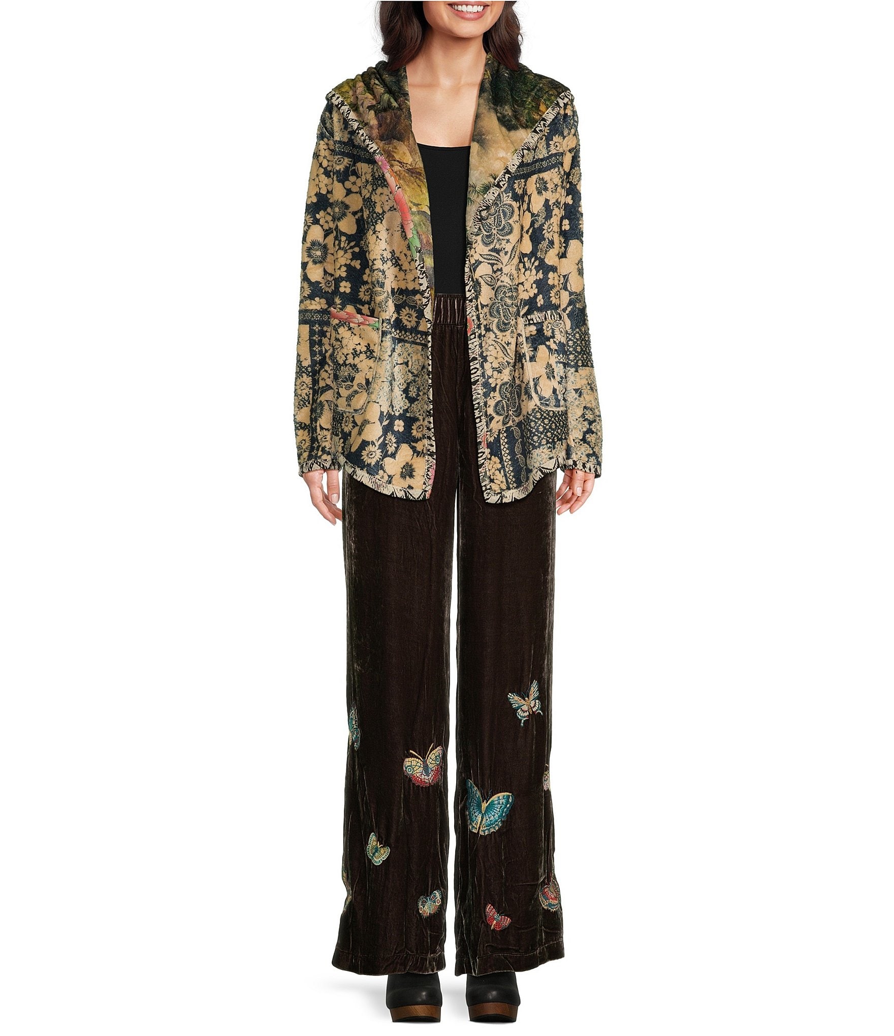 JOHNNY WAS Embroidered Velvet Floral Wide Leg Coordinating Pull-On Pants