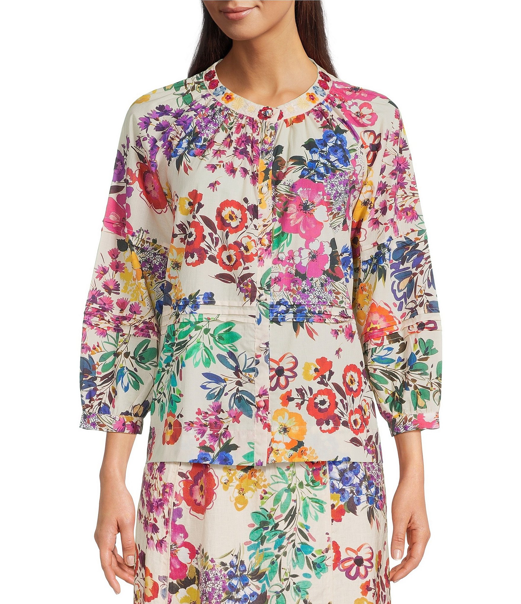 JOHNNY WAS Embroidery Pintuck Pleat Detail Mixed Floral