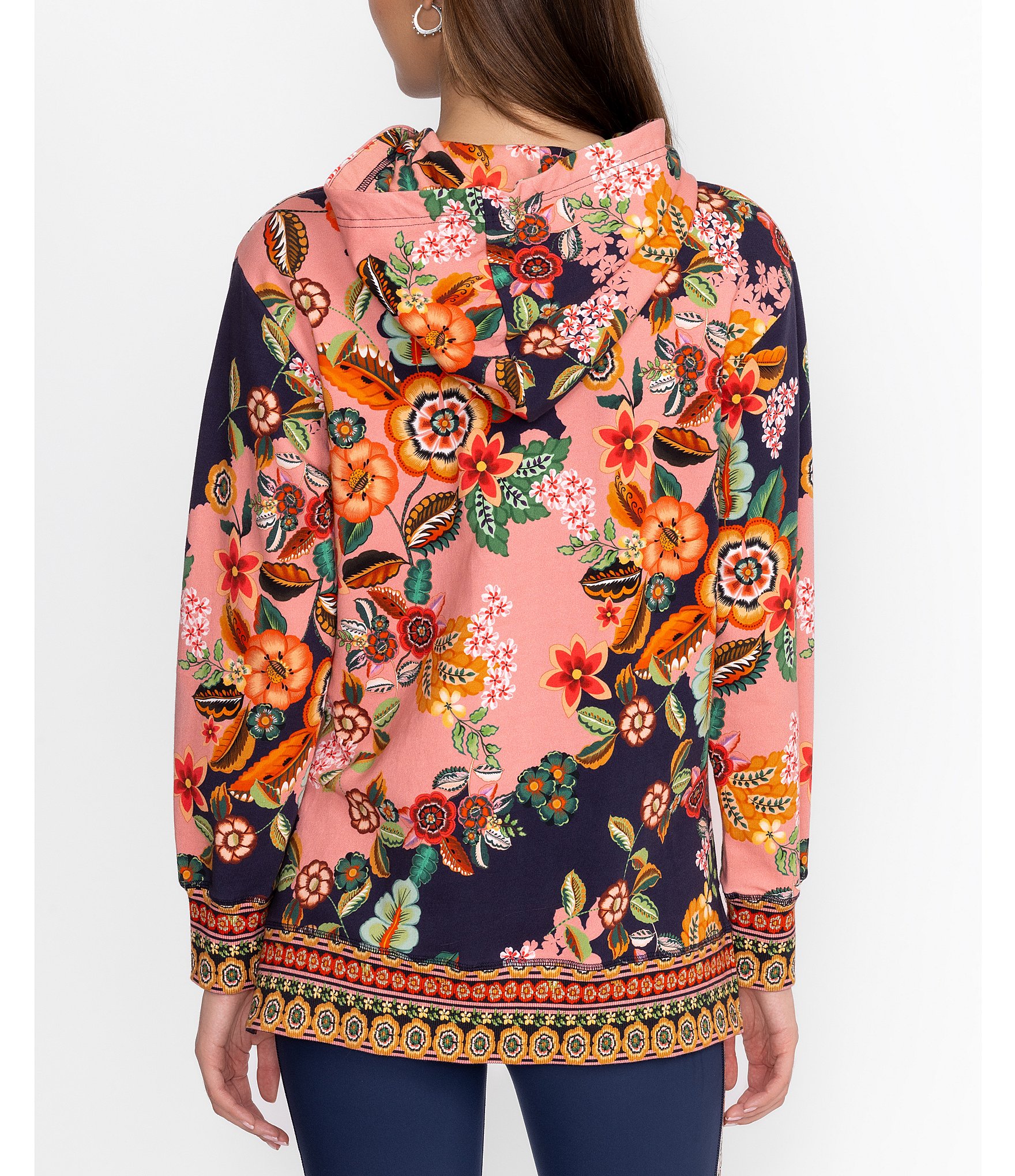 JOHNNY WAS Floral Print Cotton Stretch Knit Long Sleeve Tassel Detail Hoodie