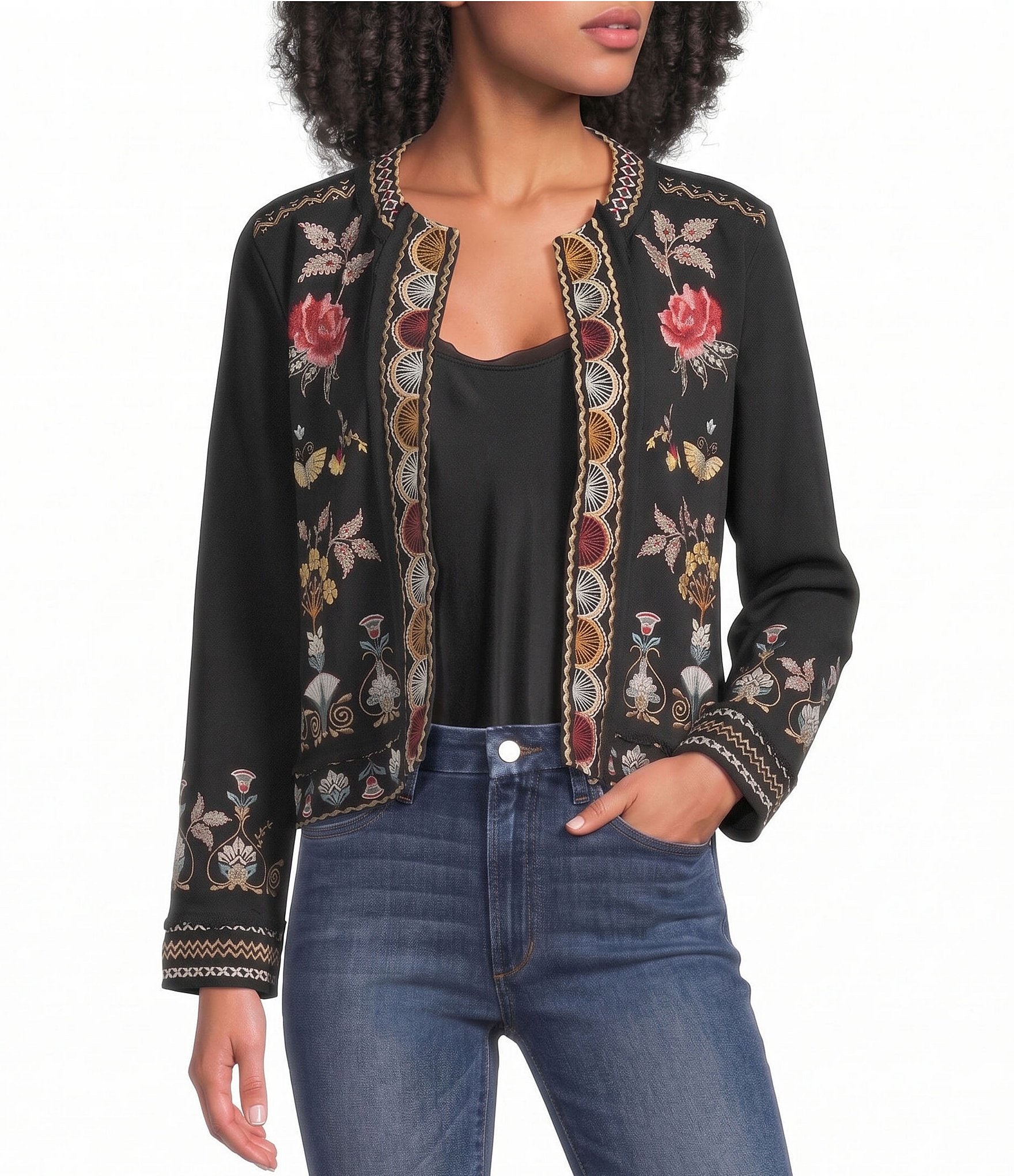 JOHNNY WAS French Terry Embroidered Long Sleeve Open-Front Jacket