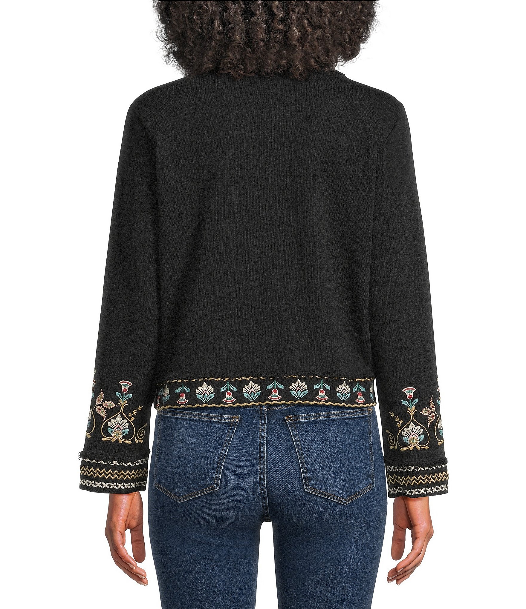 JOHNNY WAS French Terry Embroidered Long Sleeve Open-Front Jacket