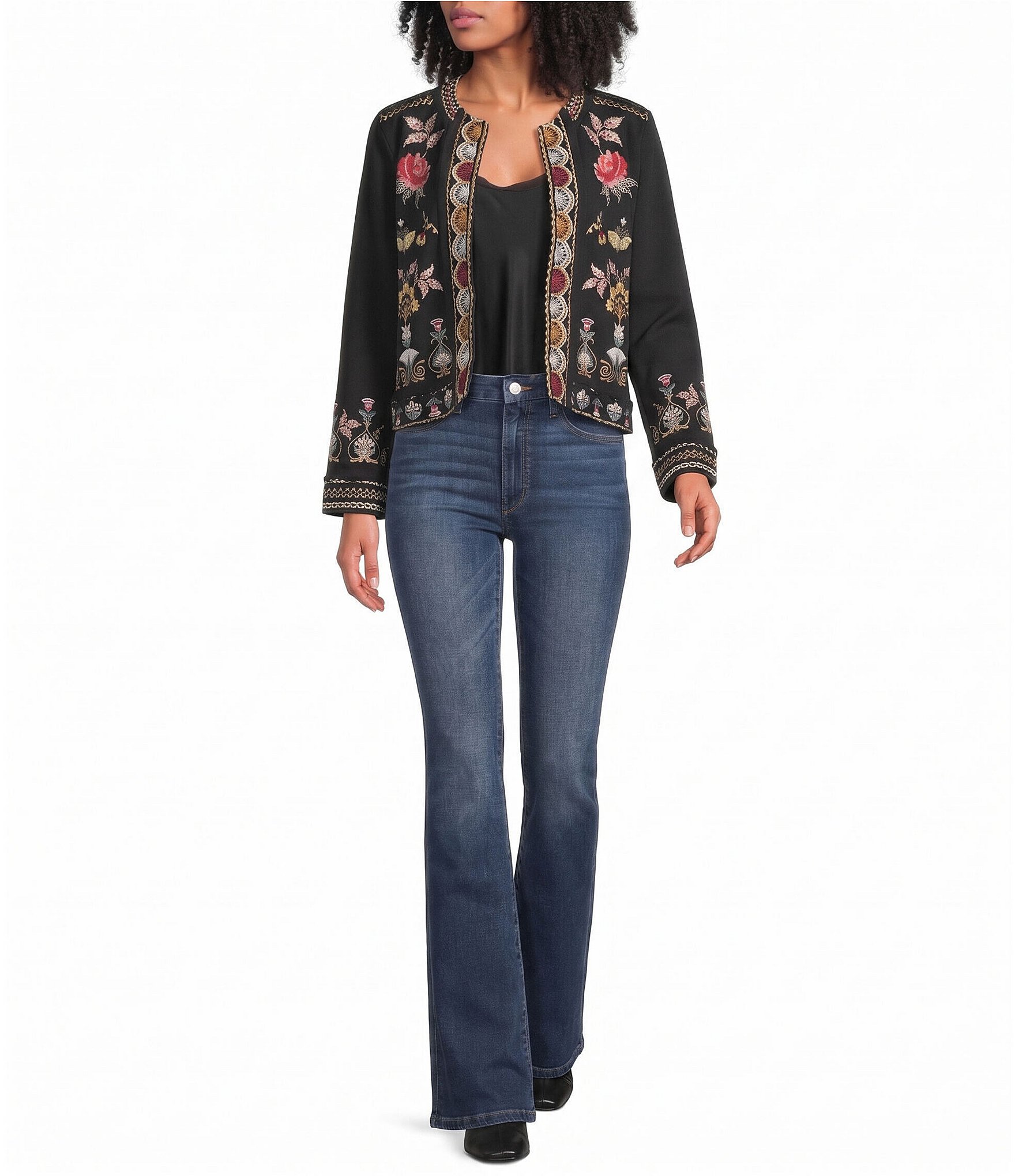 JOHNNY WAS French Terry Embroidered Long Sleeve Open-Front Jacket