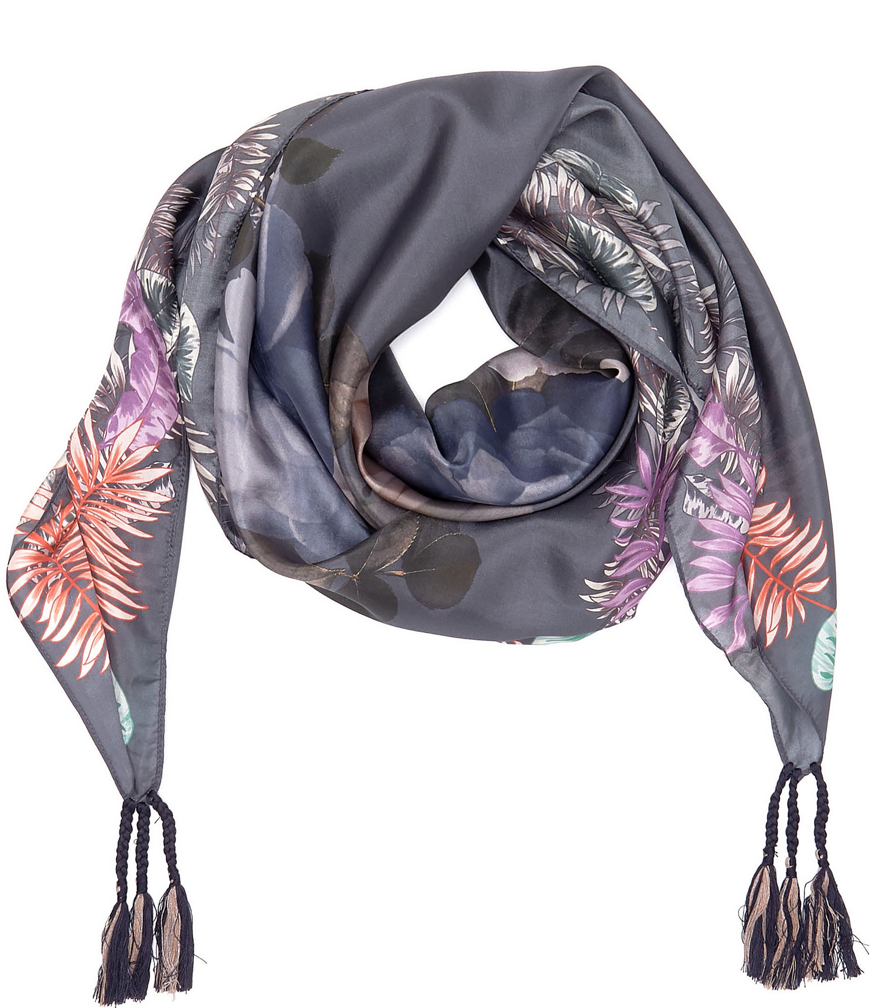 JOHNNY WAS Grey Floral Silk Square Scarf