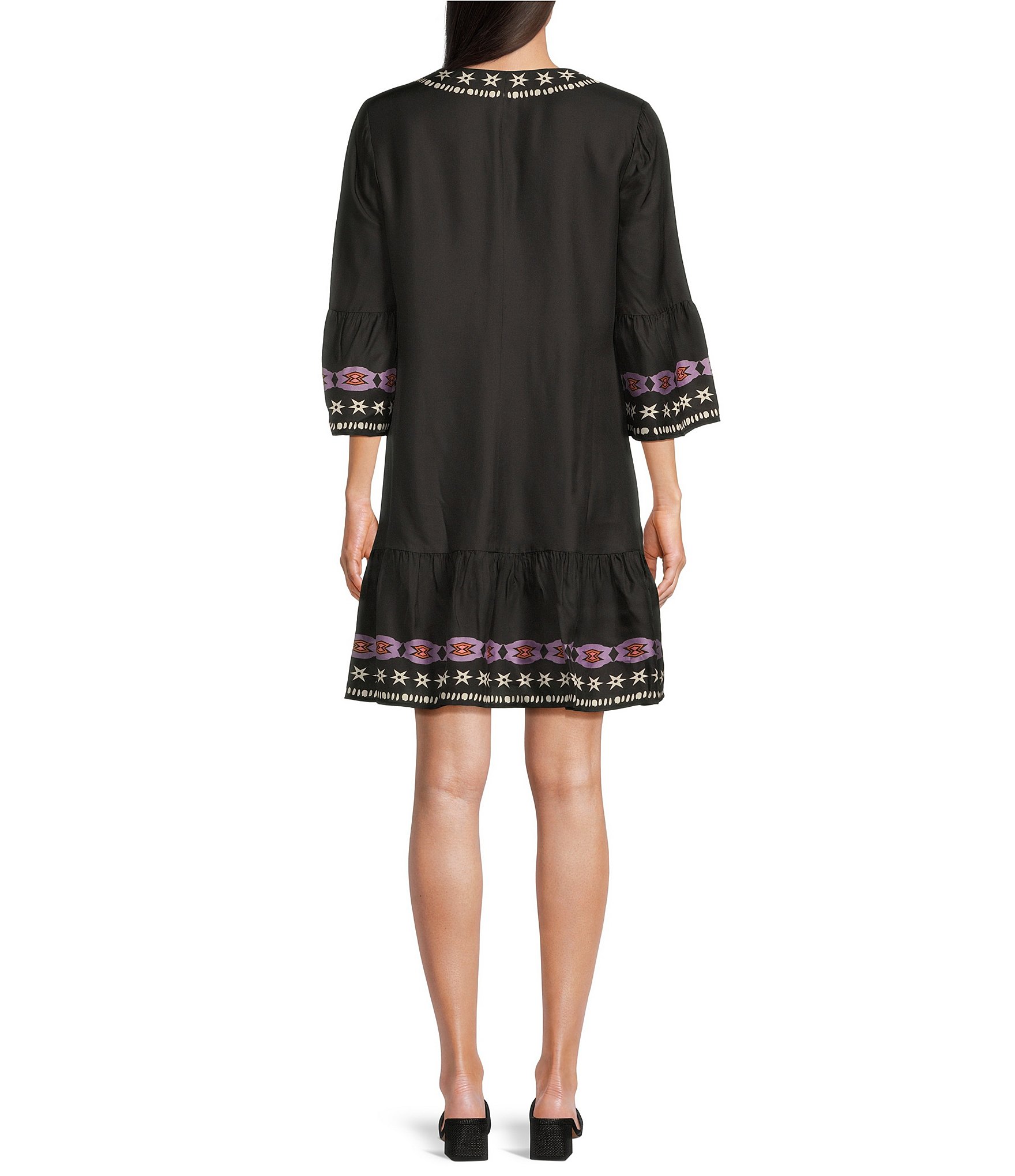 JOHNNY WAS Hailee Placement Floral Print Split V-Neck 3/4 Bell Sleeve Ruffle Hem Shift Dress