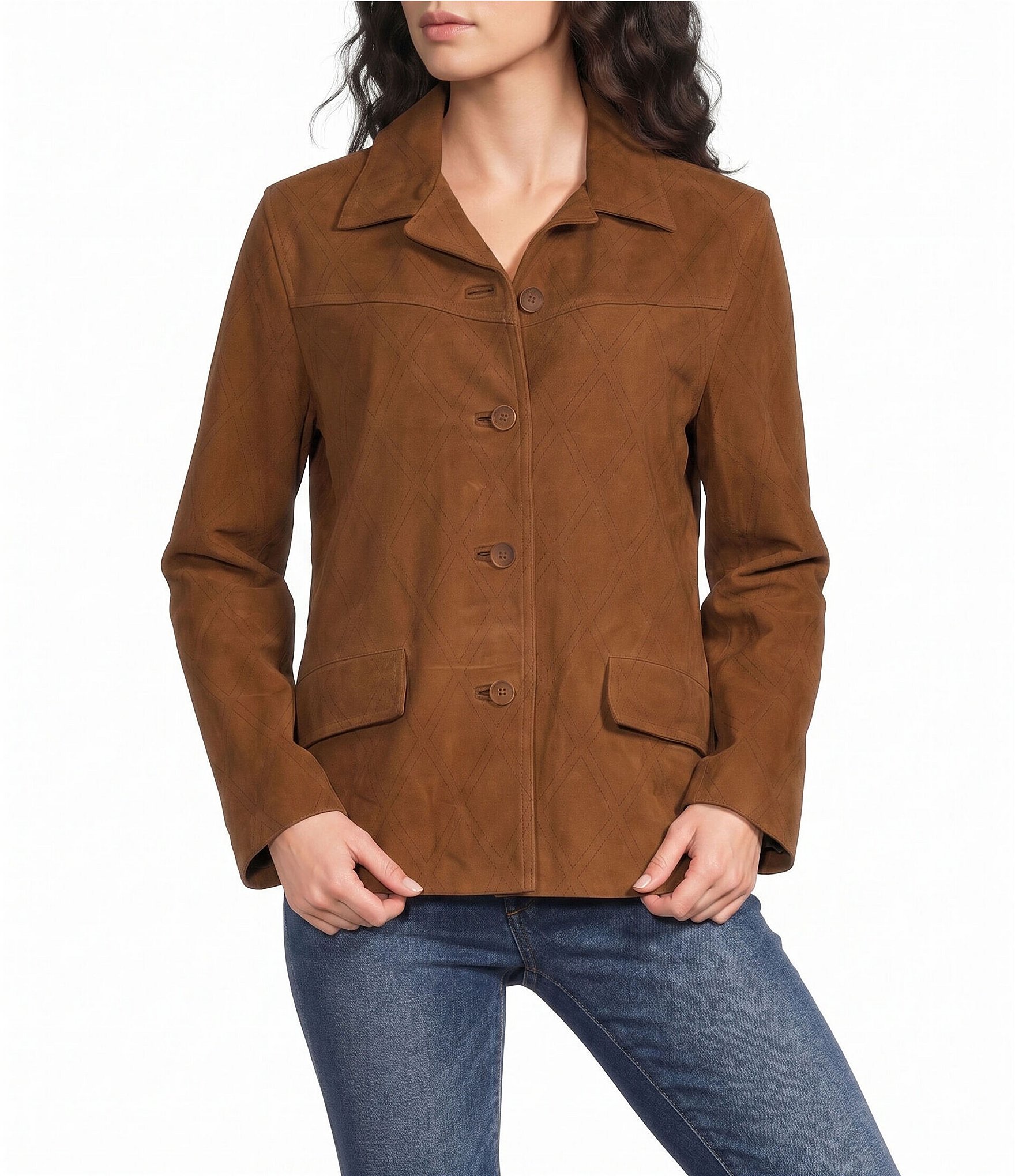 JOHNNY WAS Italian Suede Laser-Cut Diamond Pattern Point Collar Long Sleeve Button-Front Jacket