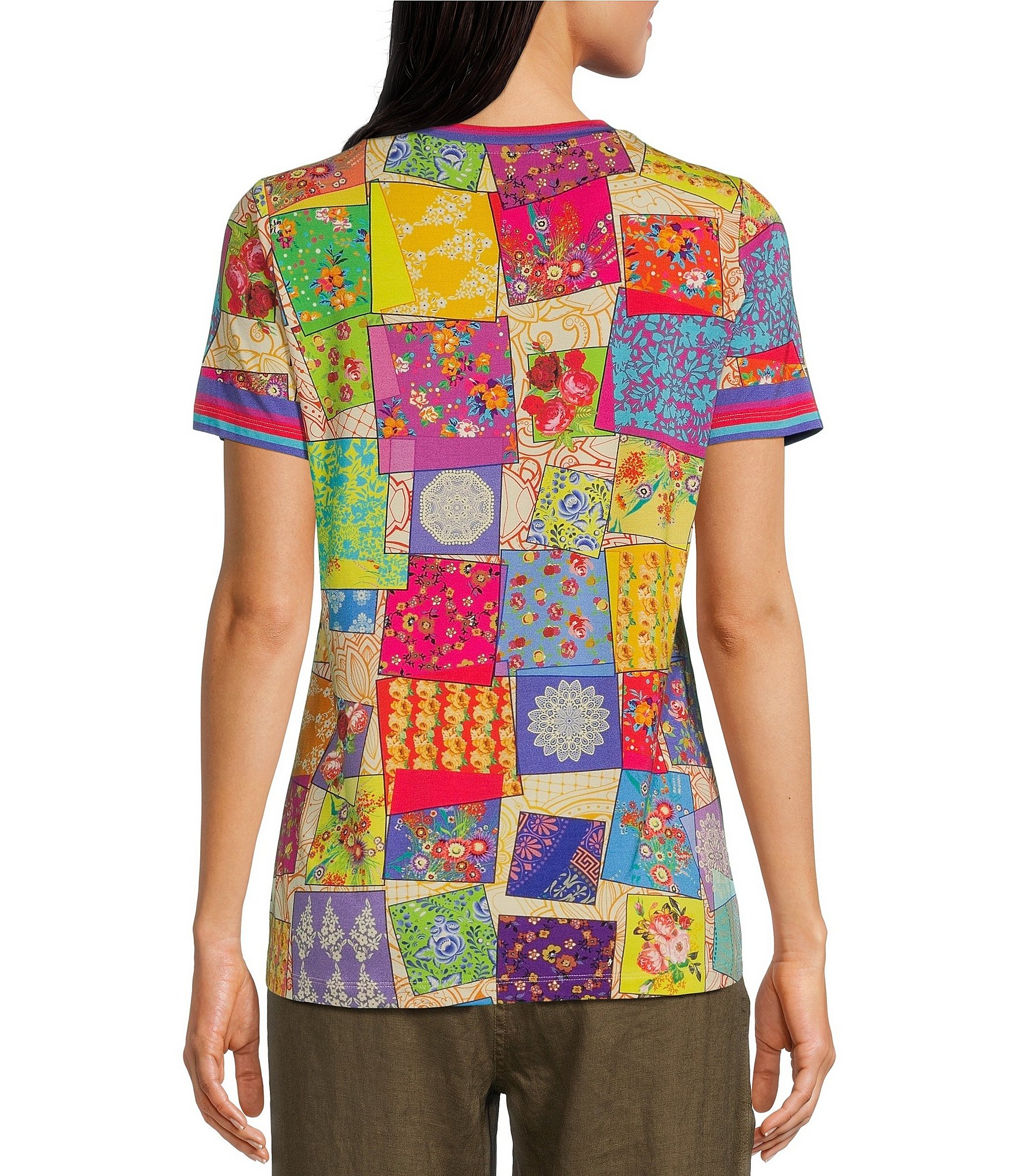 JOHNNY WAS Janie Favorite Bamboo Knit Patchwork Abstract Print Crew Neck Short Sleeve Tee Shirt