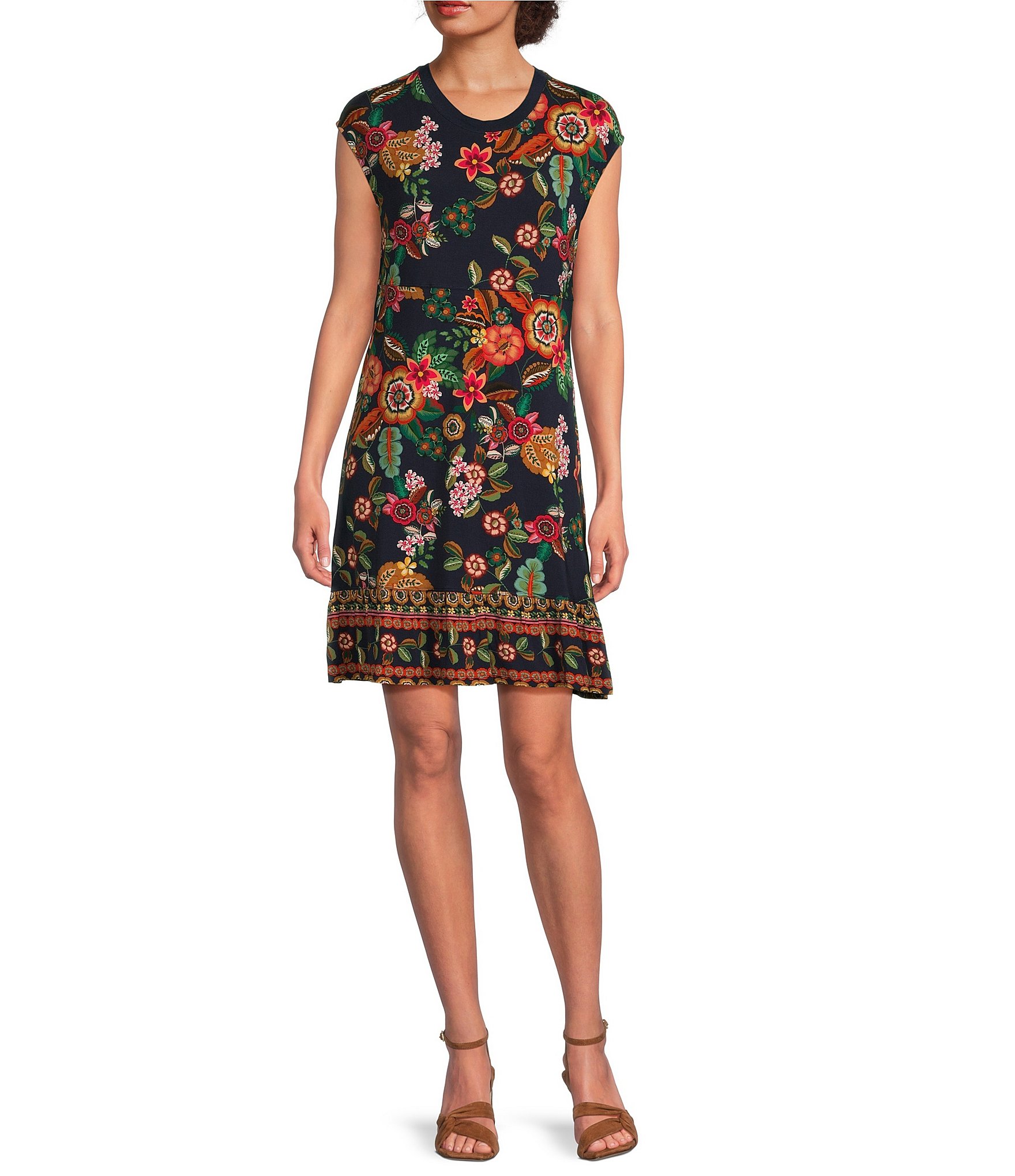 JOHNNY WAS Janie Favorite Floral Print Knit Jersey Crew Neck Sleeveless Tiered Hem A-Line Dress