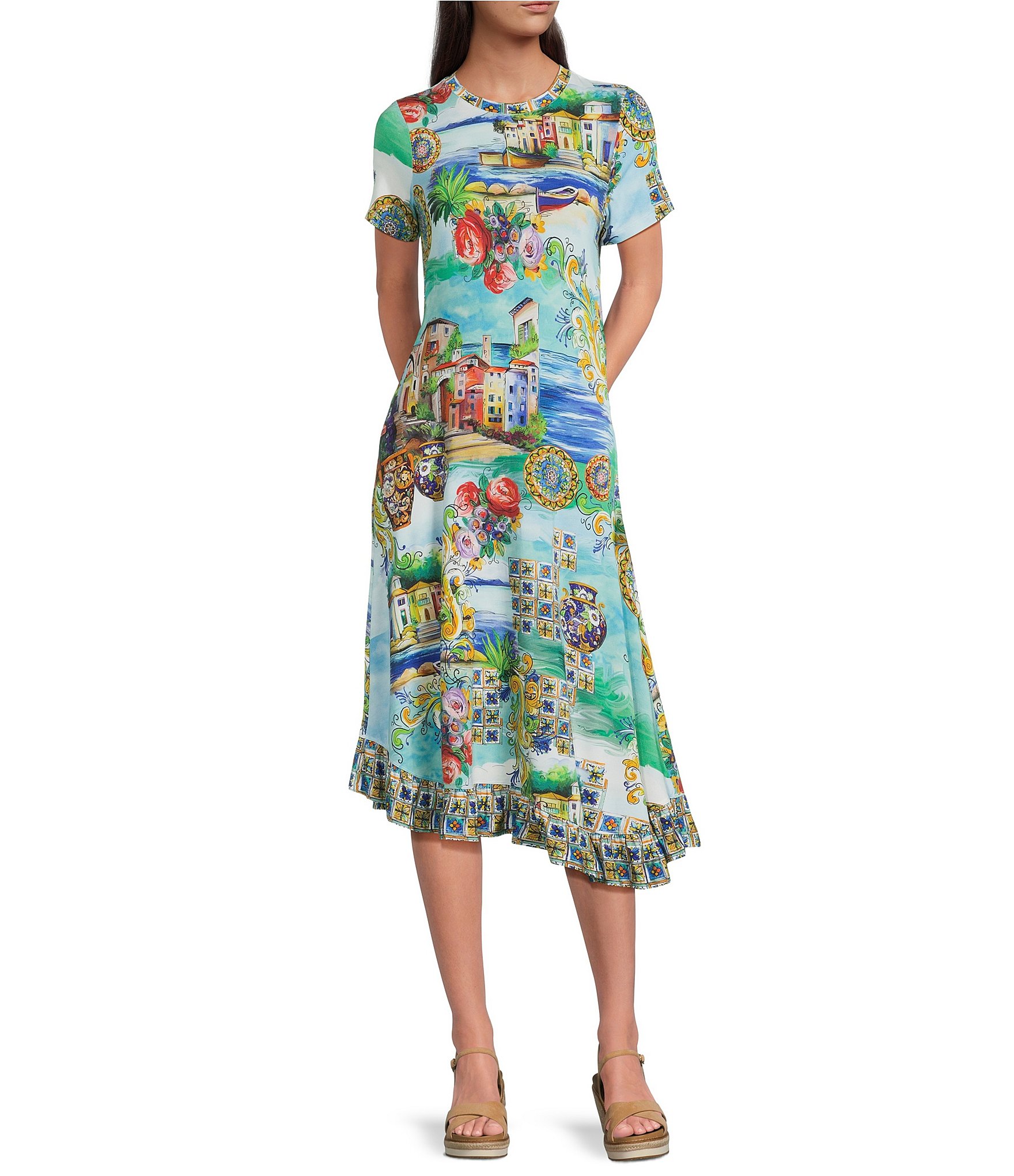 JOHNNY WAS Janie Favorite Scenic Print Knit Crew Neck Short Sleeve Asymmetrical Hem Midi Dress