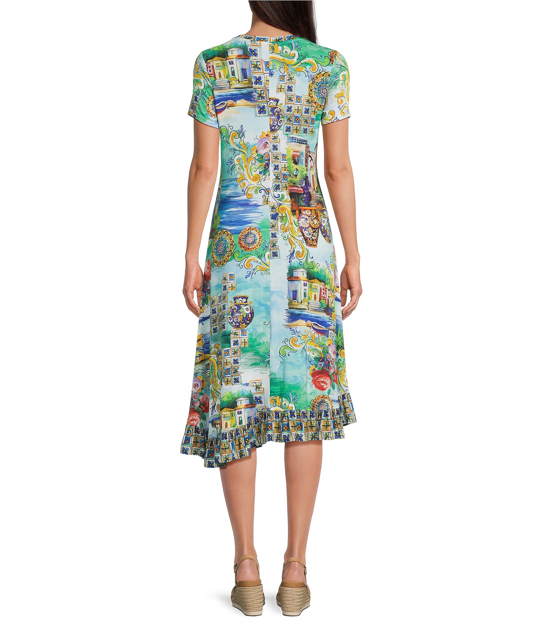 JOHNNY WAS Janie Favorite Scenic Print Knit Crew Neck Short Sleeve Asymmetrical Hem Midi Dress