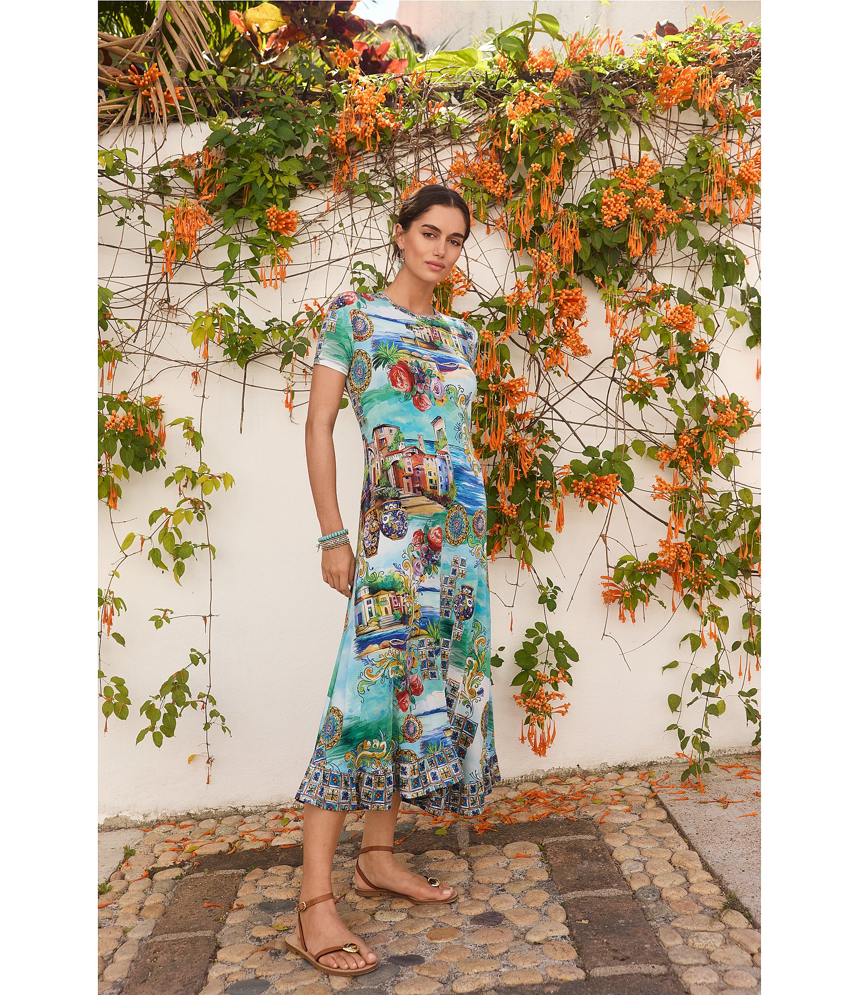 JOHNNY WAS Janie Favorite Scenic Print Knit Crew Neck Short Sleeve Asymmetrical Hem Midi Dress