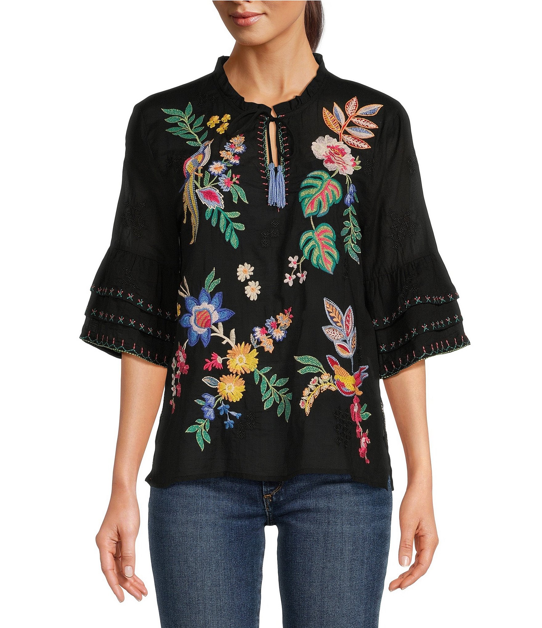 JOHNNY WAS Jeanette Embroidered Floral Split V-Neck 3/4 Ruffle Sleeve ...