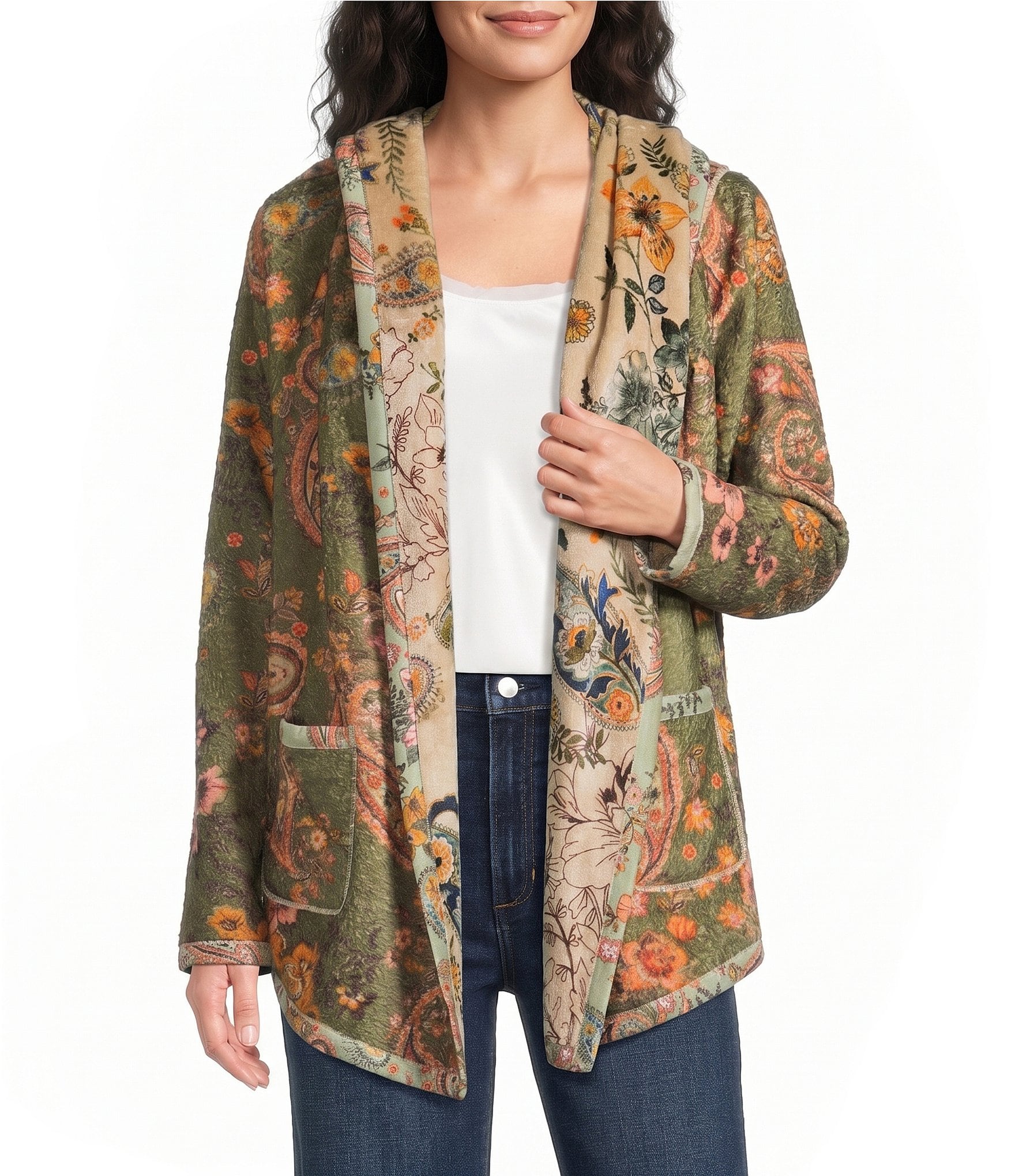 JOHNNY WAS Joan Reversible Bold Contrast Printed Sherpa Long Sleeve Hooded Shawl Collar Jacket