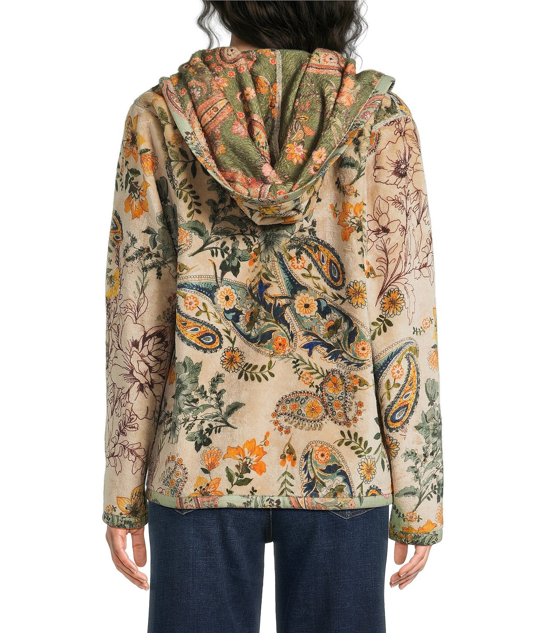 JOHNNY WAS Joan Reversible Bold Contrast Printed Sherpa Long Sleeve Hooded Shawl Collar Jacket