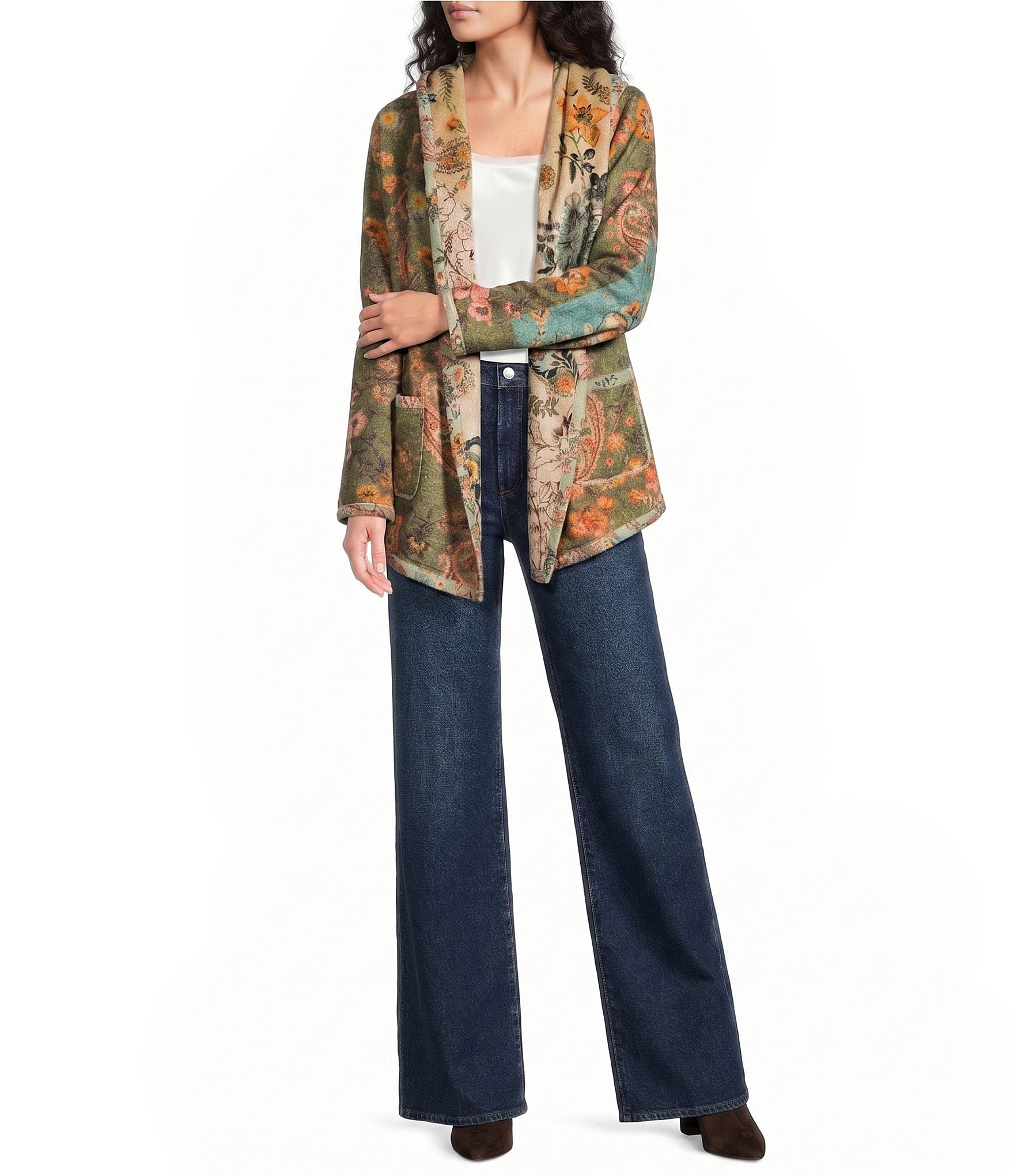 JOHNNY WAS Joan Reversible Bold Contrast Printed Sherpa Long Sleeve Hooded Shawl Collar Jacket