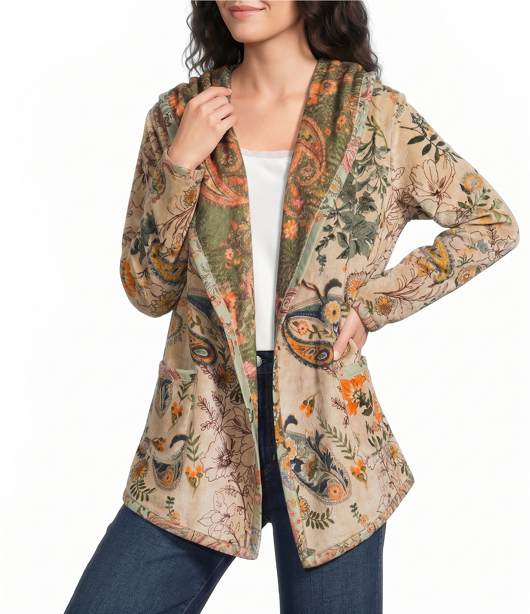 JOHNNY WAS Joan Reversible Bold Contrast Printed Sherpa Long Sleeve Hooded Shawl Collar Jacket