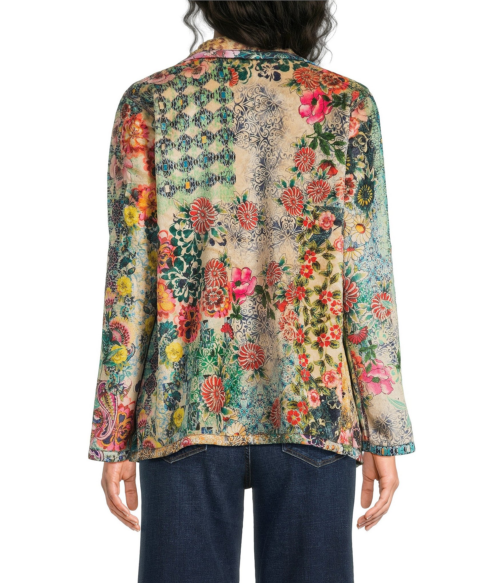 JOHNNY WAS Joan Reversible Print Cascading Collar Long Sleeve Open-Front Sherpa Knit Jacket