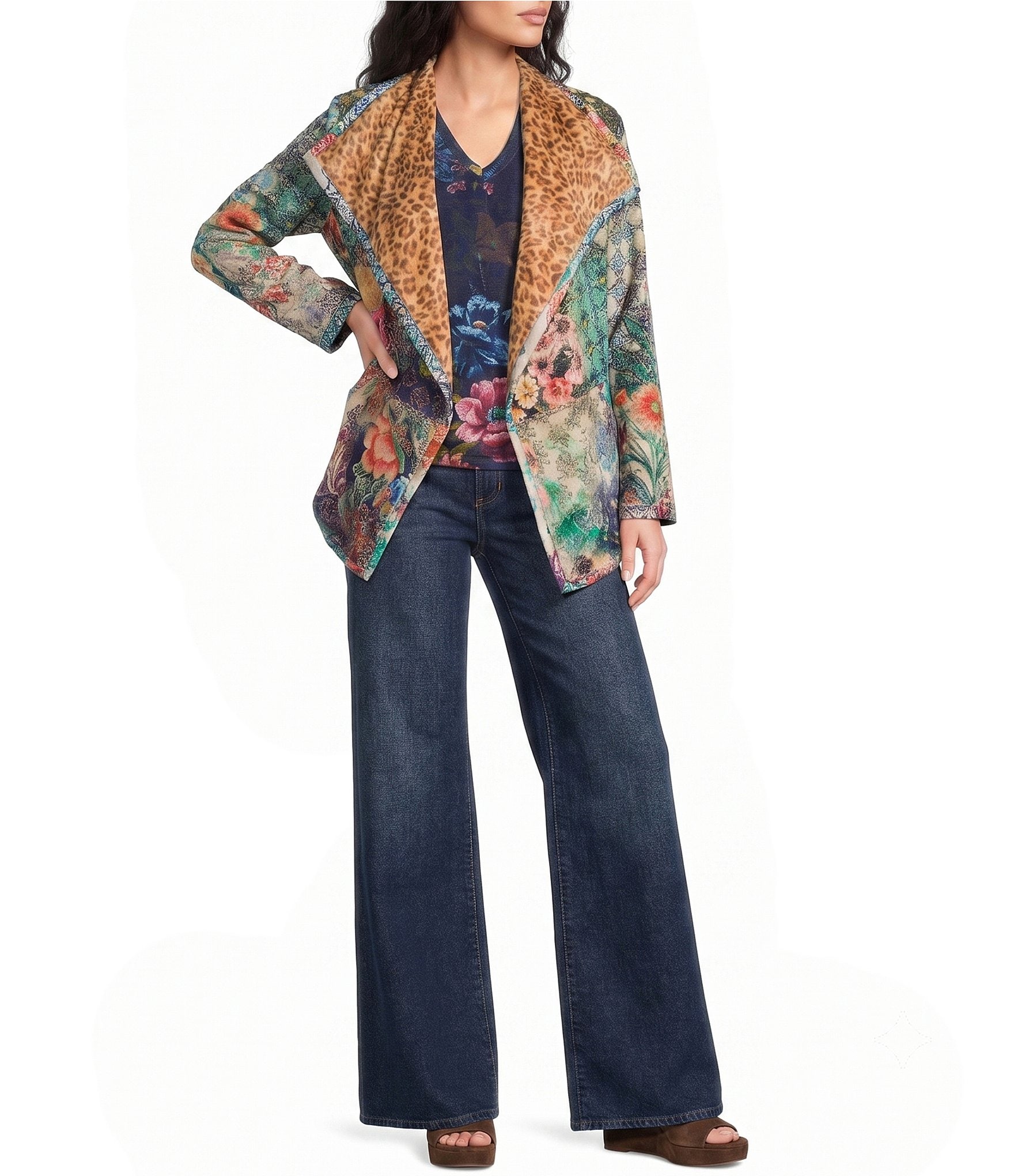 JOHNNY WAS Joan Reversible Print Cascading Collar Long Sleeve Open-Front Sherpa Knit Jacket