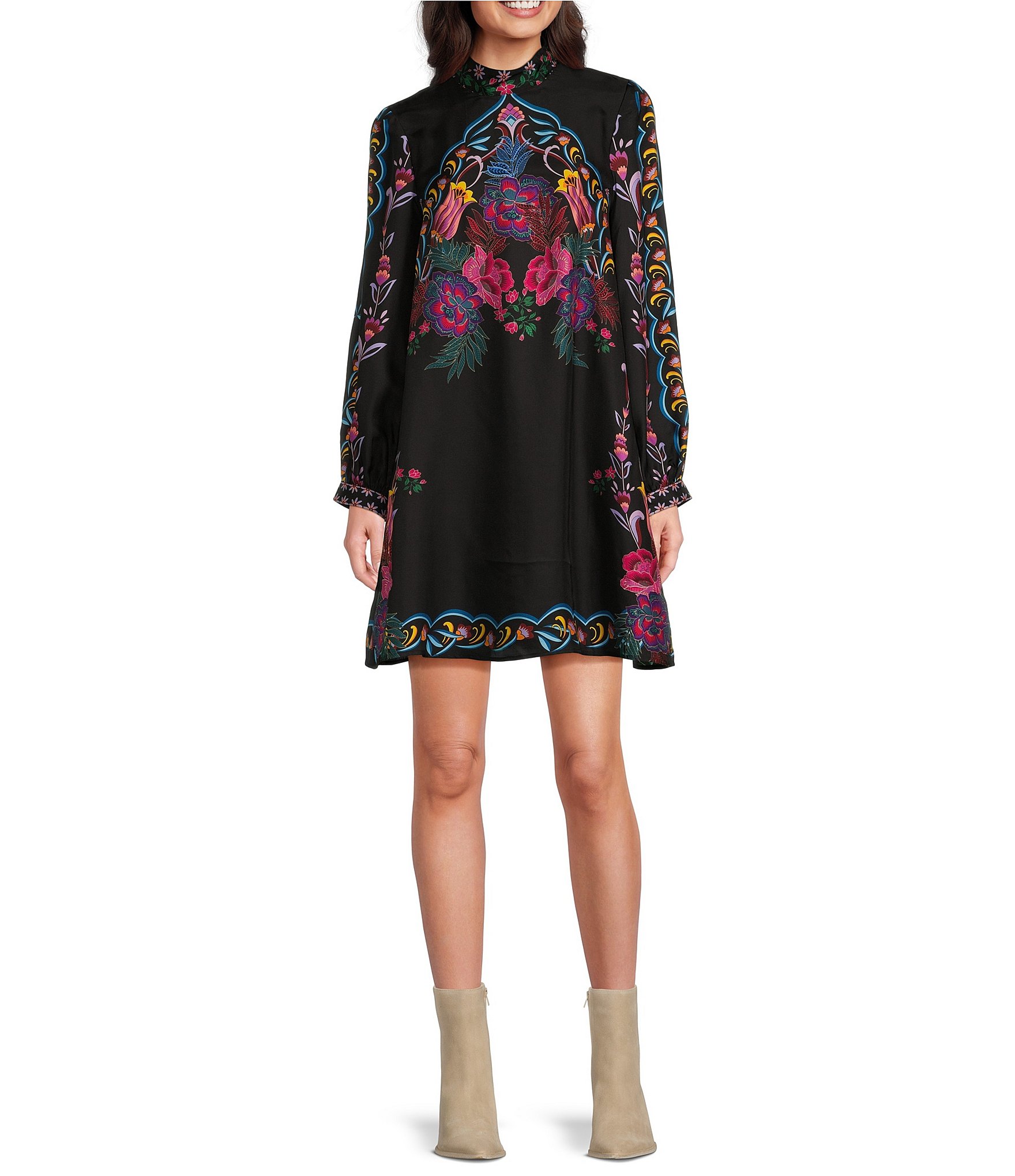 JOHNNY WAS Kalova Exotic Placement Print Silk Blend Band Collar Long Sleeve Shift Dress Dillard s